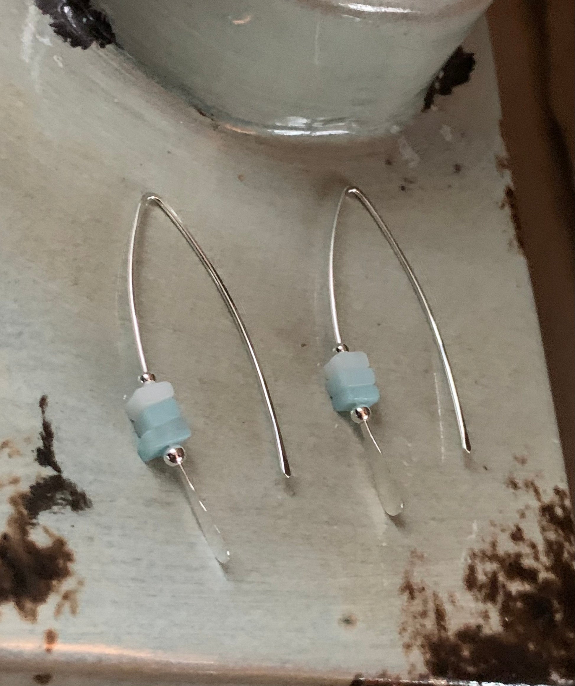 Silver Threader Earrings, Sterling Wishbone Earrings, Light Blue, Aquamarine Beads, Amazonite Stone, Turquoise Earrings, Thin Open Hoops