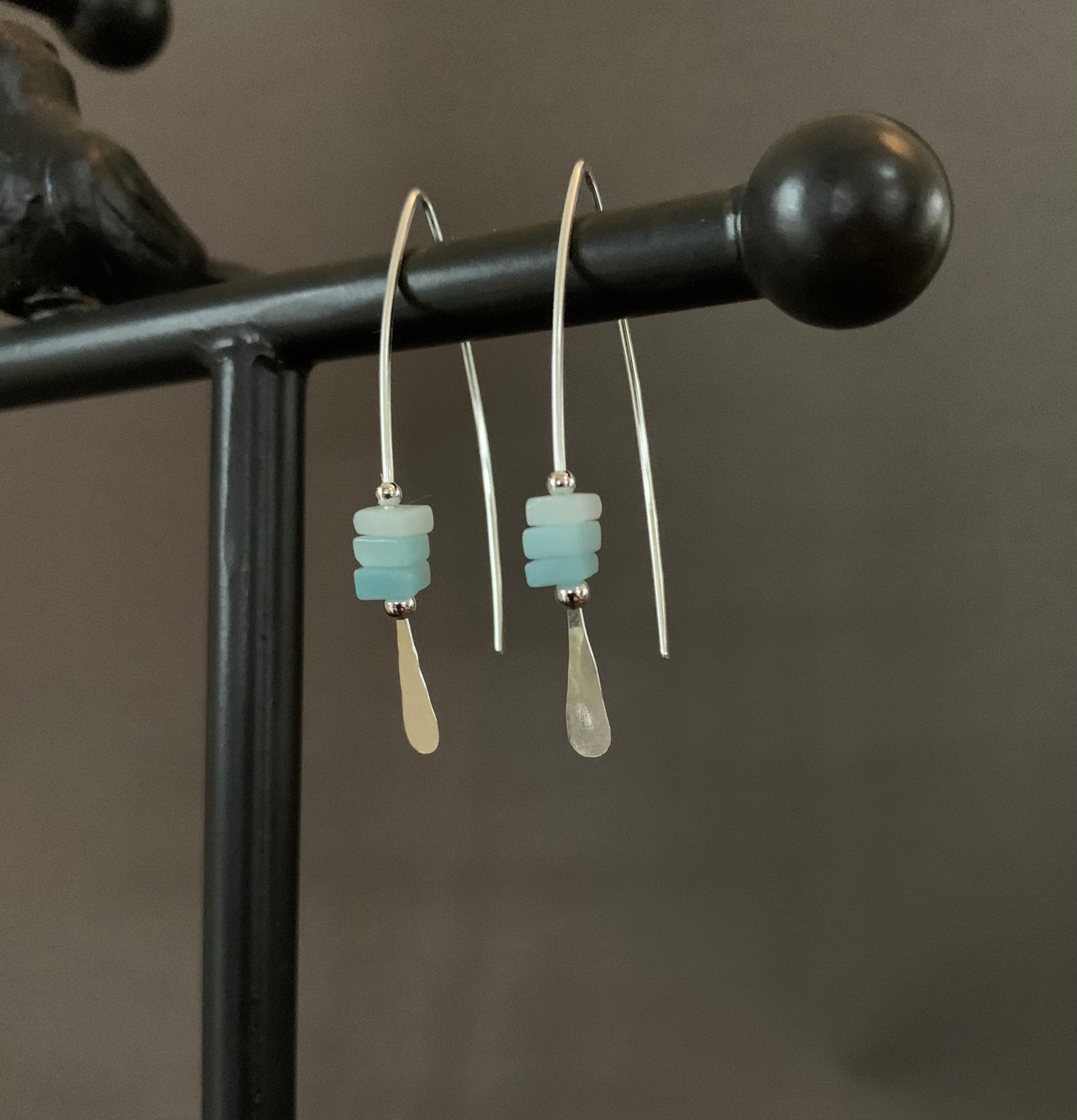 Silver Threader Earrings, Sterling Wishbone Earrings, Light Blue, Aquamarine Beads, Amazonite Stone, Turquoise Earrings, Thin Open Hoops