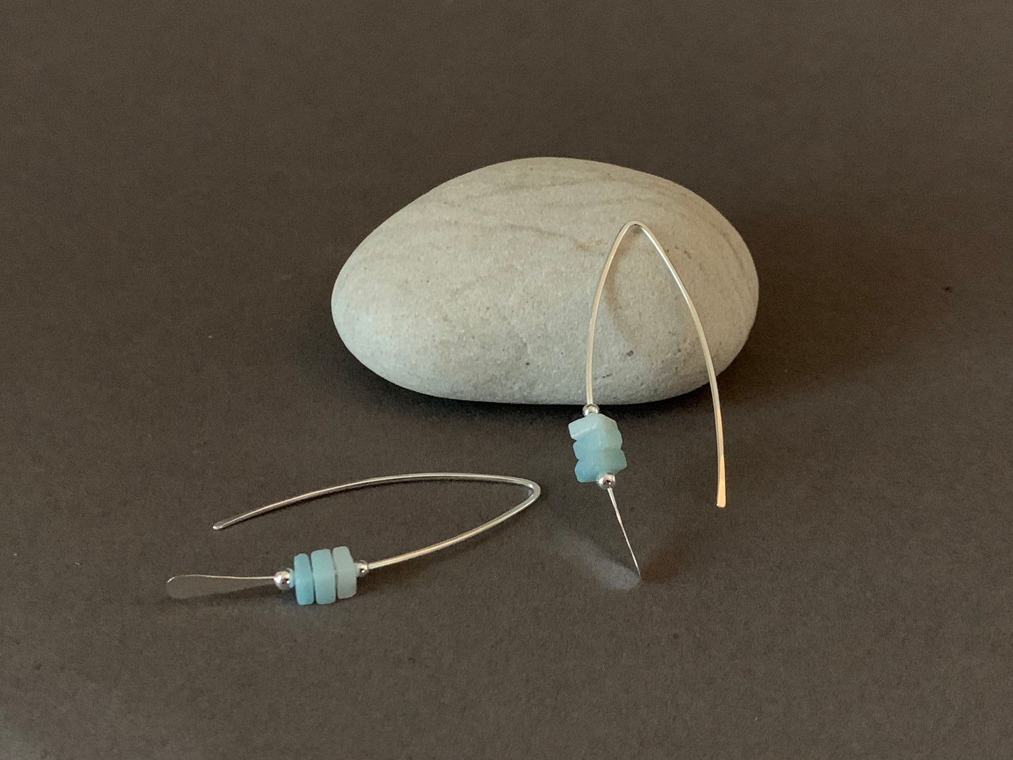 Silver Threader Earrings, Sterling Wishbone Earrings, Light Blue, Aquamarine Beads, Amazonite Stone, Turquoise Earrings, Thin Open Hoops