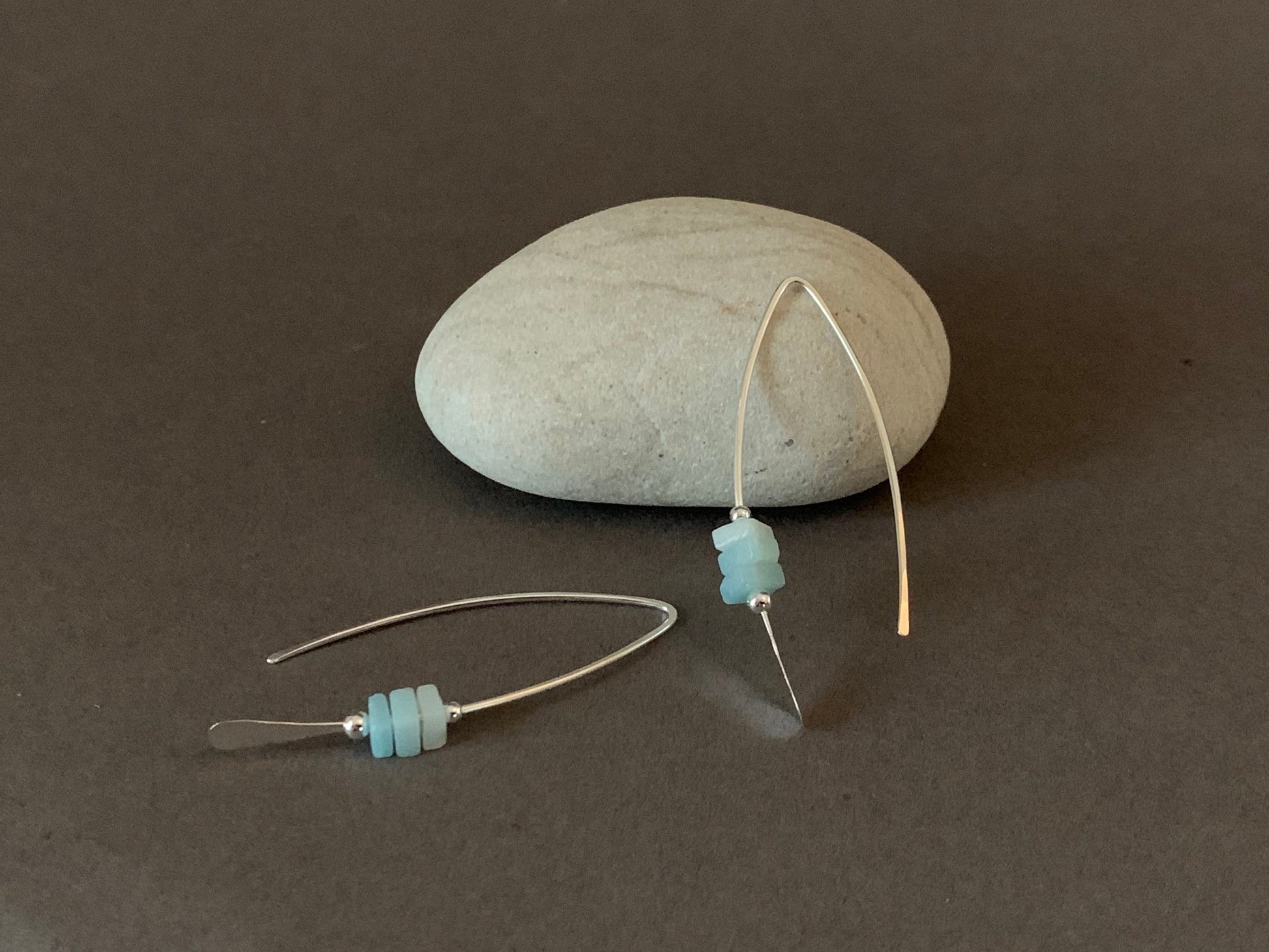 Silver Threader Earrings, Sterling Wishbone Earrings, Light Blue, Aquamarine Beads, Amazonite Stone, Turquoise Earrings, Thin Open Hoops