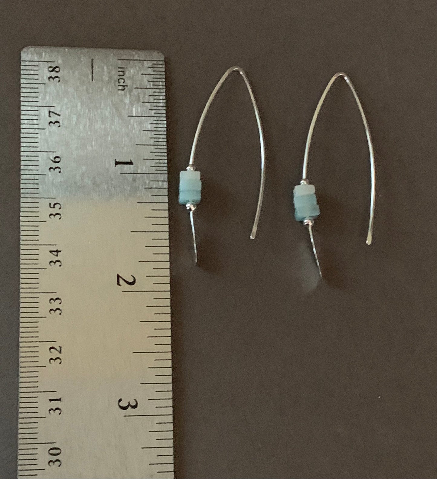 Silver Threader Earrings, Sterling Wishbone Earrings, Light Blue, Aquamarine Beads, Amazonite Stone, Turquoise Earrings, Thin Open Hoops