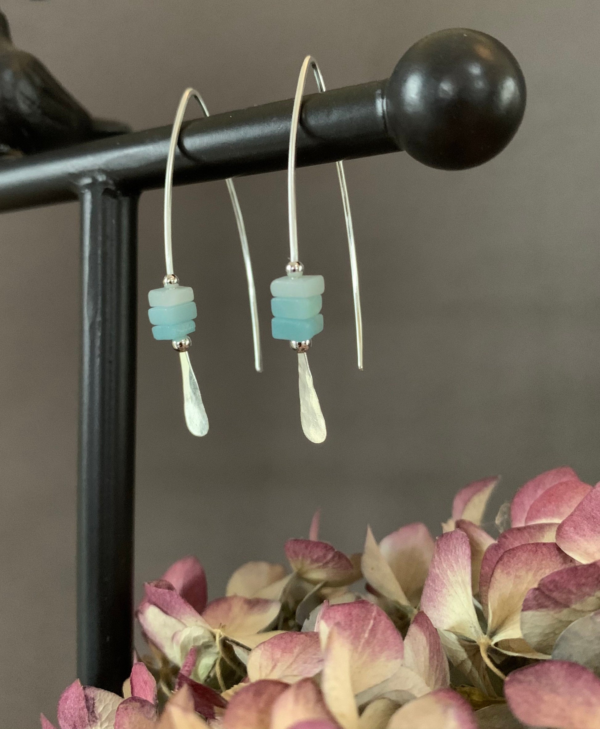 Silver Threader Earrings, Sterling Wishbone Earrings, Light Blue, Aquamarine Beads, Amazonite Stone, Turquoise Earrings, Thin Open Hoops