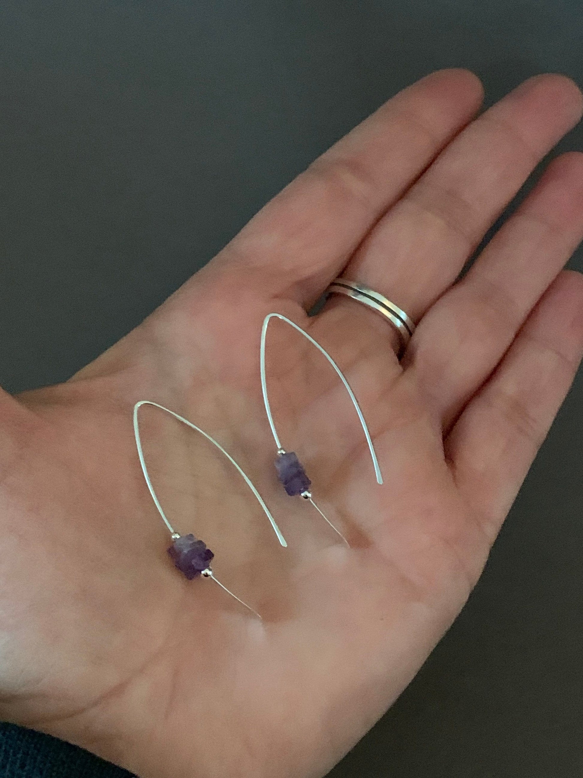 Silver Threader Earrings, Sterling Wishbone Earrings, Amethyst Earrings, Lavender Stone, Thin Open Hoops, Unique Handmade Jewelry