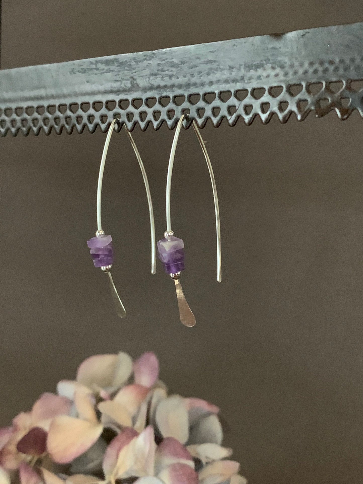 Silver Threader Earrings, Sterling Wishbone Earrings, Amethyst Earrings, Lavender Stone, Thin Open Hoops, Unique Handmade Jewelry