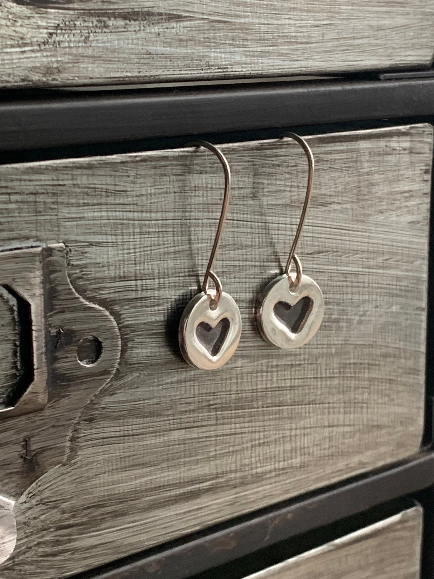 Small Heart Earrings, Silver Heart Dangle Earrings, Round Sterling Silver Earrings, Heart Charm, Hand Forged Metal Jewelry