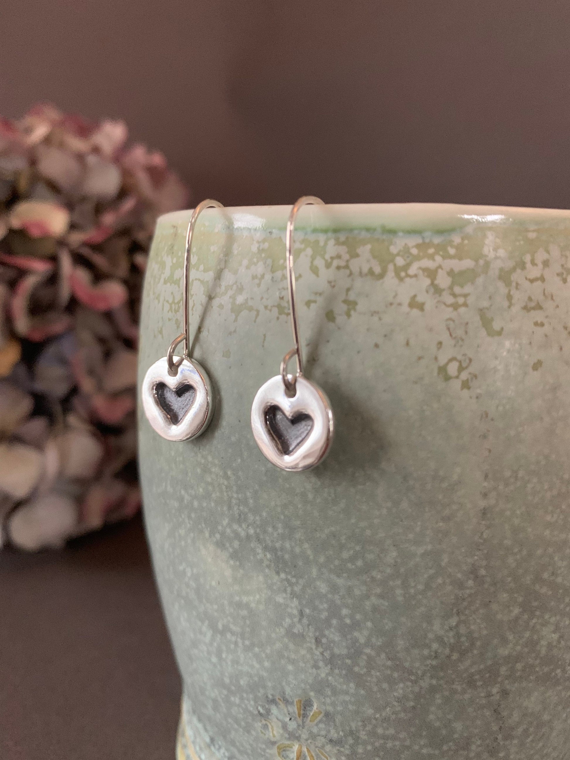 Small Heart Earrings, Silver Heart Dangle Earrings, Round Sterling Silver Earrings, Heart Charm, Hand Forged Metal Jewelry