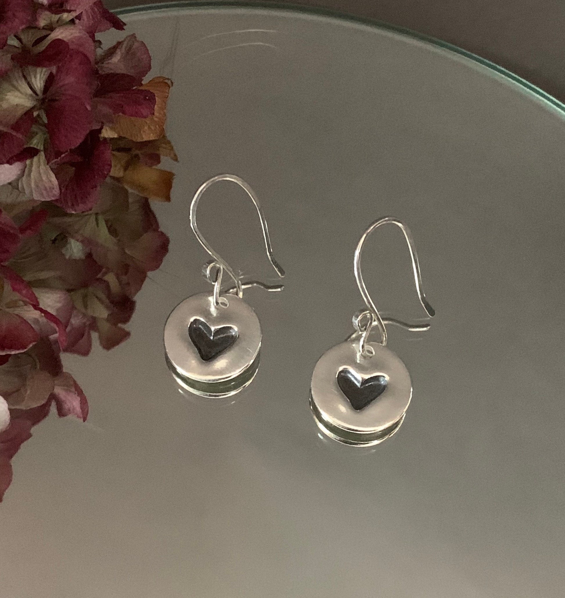 Small Heart Earrings, Silver Heart Dangle Earrings, Round Sterling Silver Earrings, Heart Charm, Hand Forged Metal Jewelry