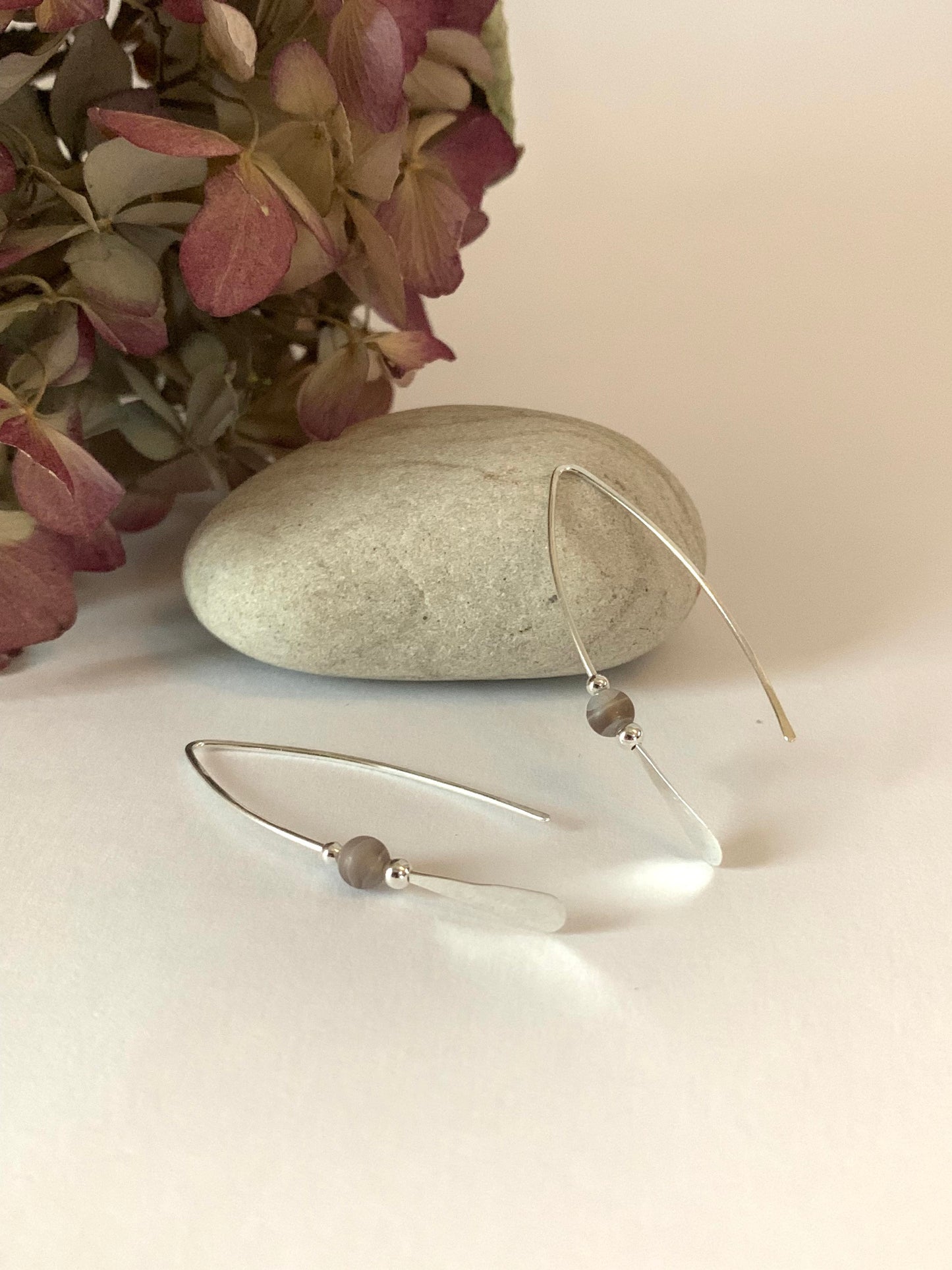 Lavender Stone Threader Earrings, Matte Purple Botswana Agate Bead, Sterling Wishbone Earrings, Thin Open Silver Hoops, Medium Hoop Earrings