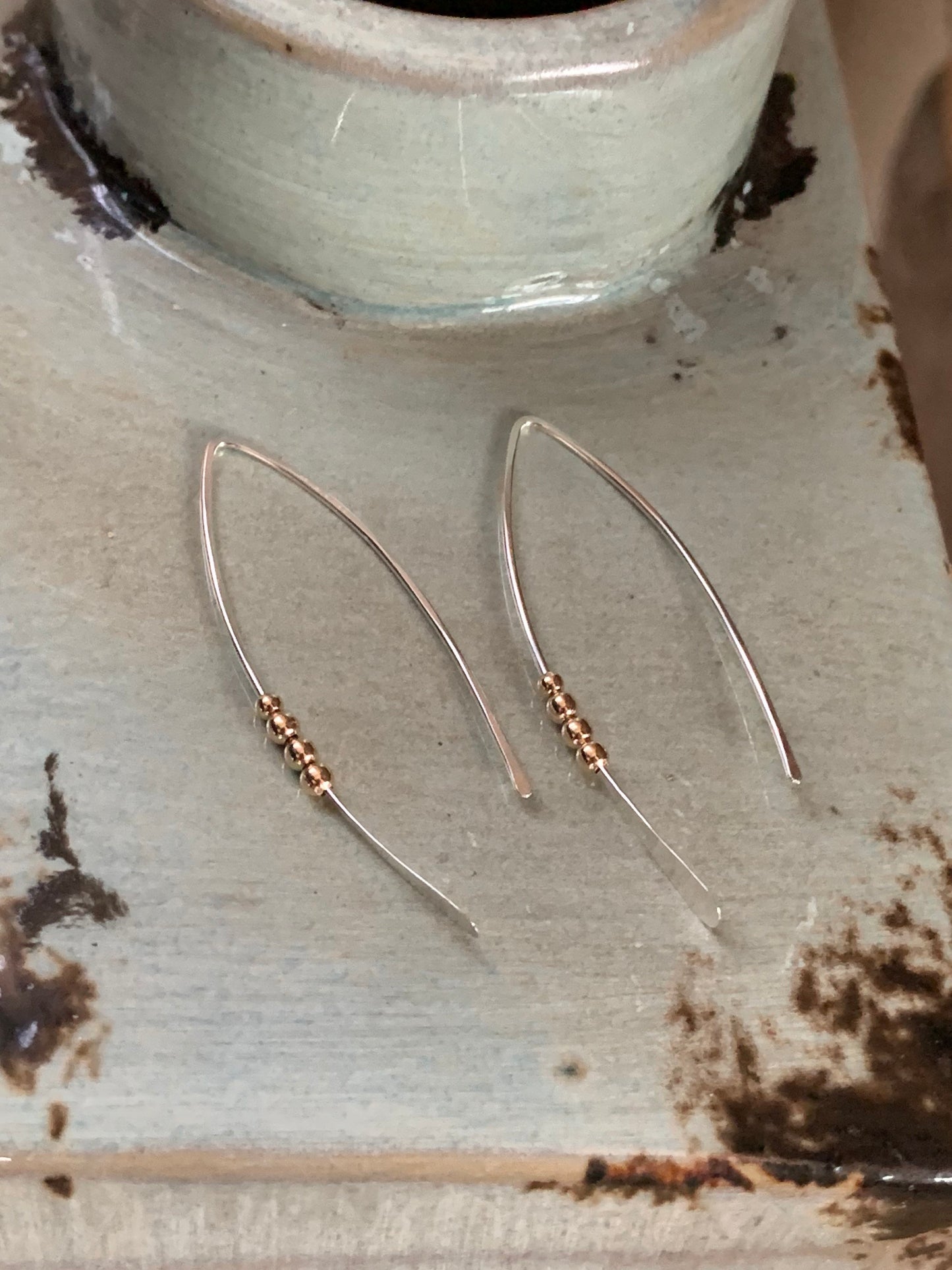 Silver and Gold Threader Earrings, Sterling Wishbone Earrings, Thin Open Hoops, Medium Hammered Hoop Earrings