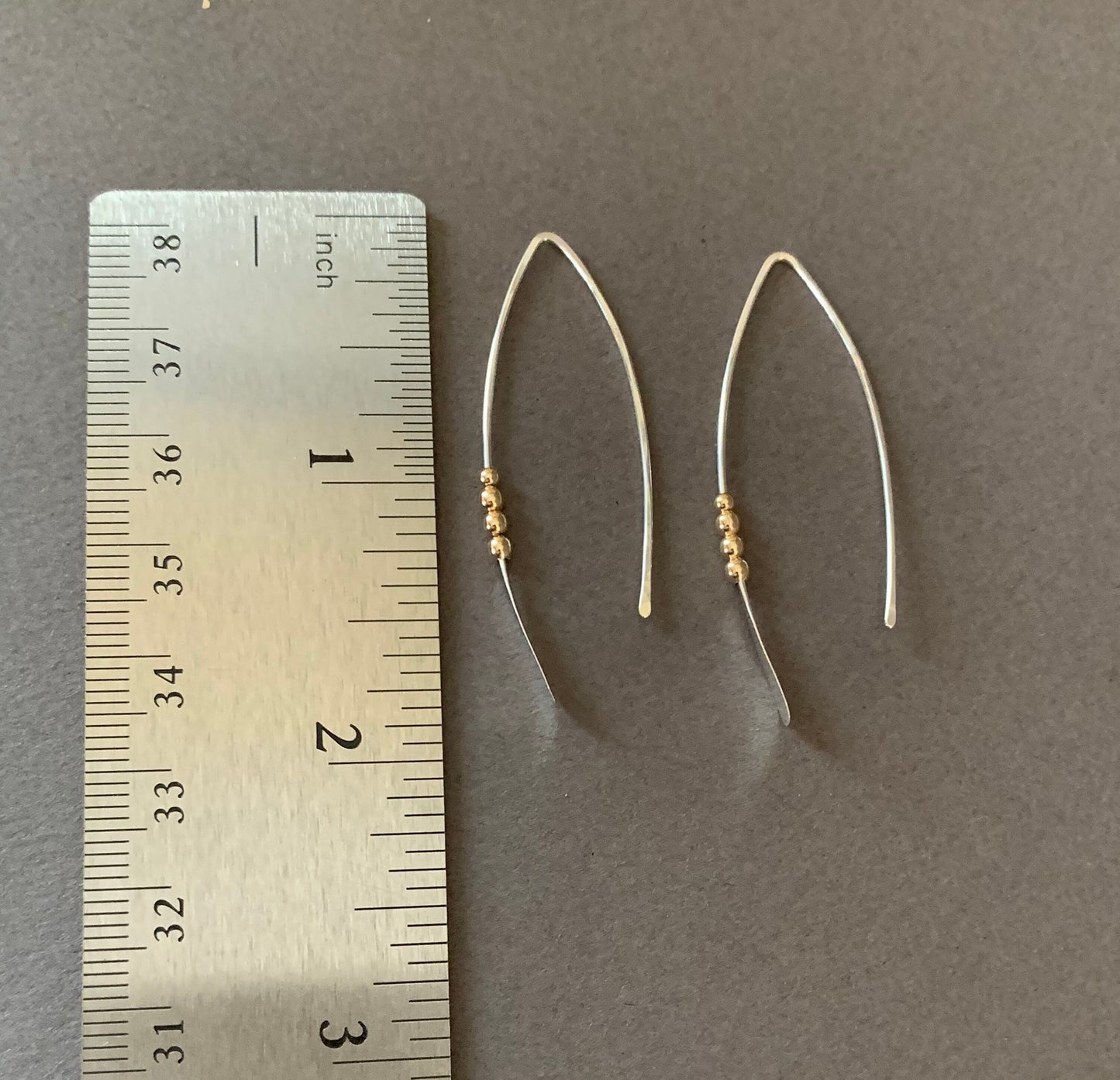 Silver and Gold Threader Earrings, Sterling Wishbone Earrings, Thin Open Hoops, Medium Hammered Hoop Earrings