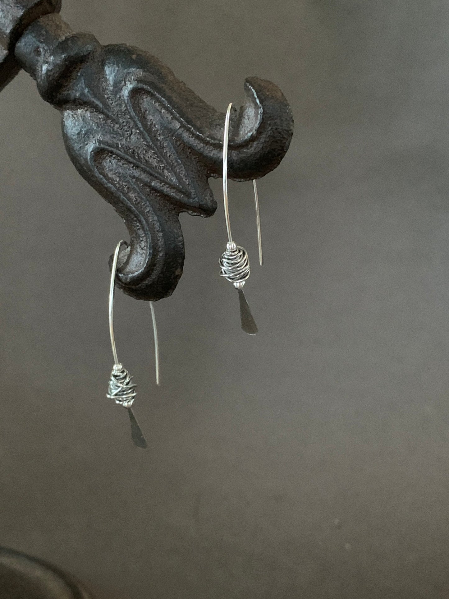 Silver Threader Earrings, Sterling Wishbone Earrings, Wire Wrapped, Thin Open Hoops, Medium Hammered Hoop Earrings