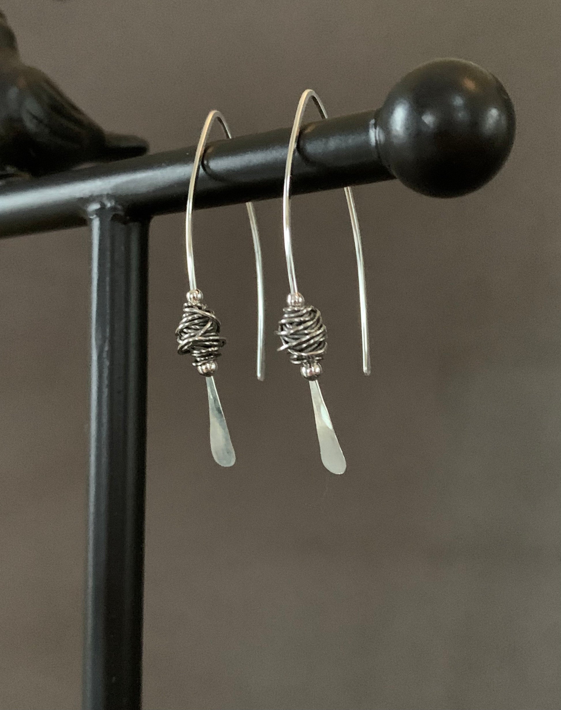 Silver Threader Earrings, Sterling Wishbone Earrings, Wire Wrapped, Thin Open Hoops, Medium Hammered Hoop Earrings