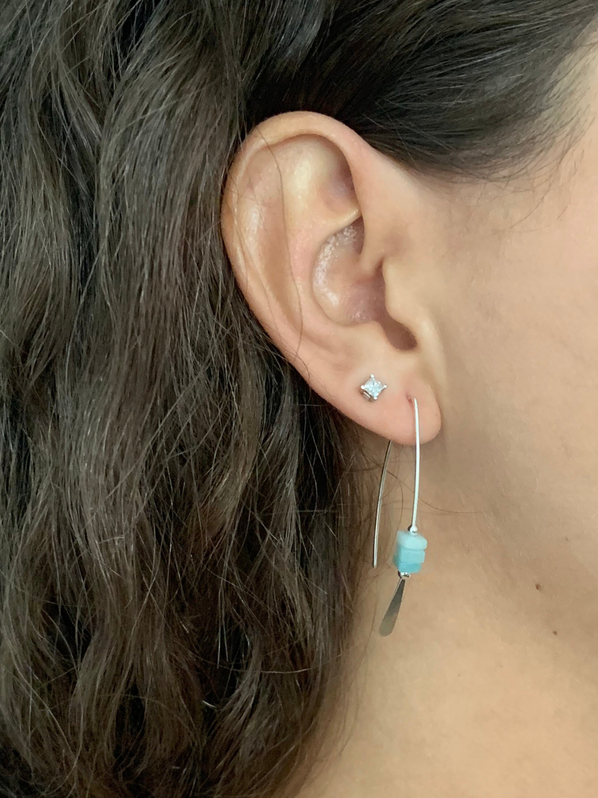 Silver Threader Earrings, Sterling Wishbone Earrings, Light Blue, Aquamarine Beads, Amazonite Stone, Turquoise Earrings, Thin Open Hoops