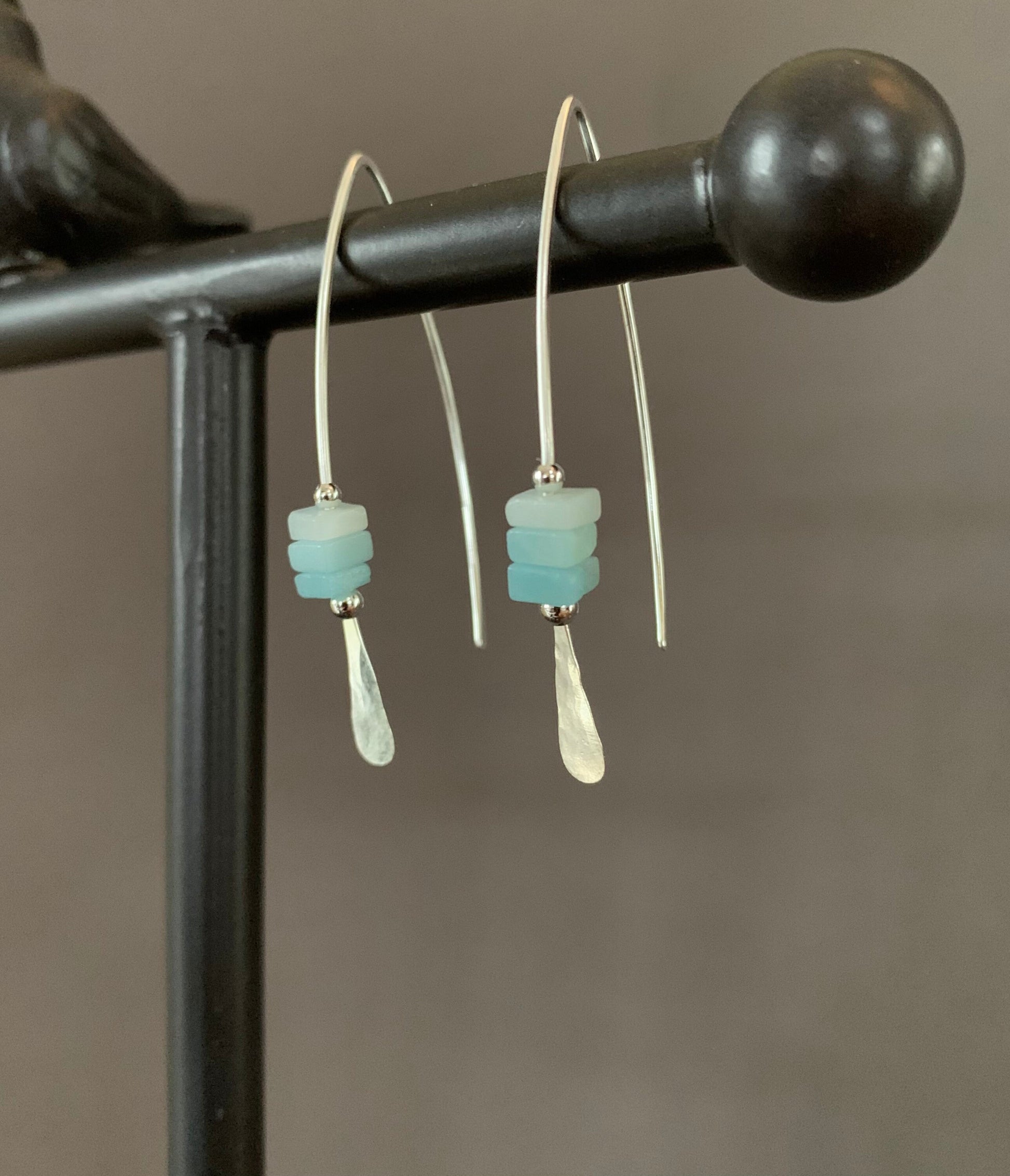 Silver Threader Earrings, Sterling Wishbone Earrings, Light Blue, Aquamarine Beads, Amazonite Stone, Turquoise Earrings, Thin Open Hoops