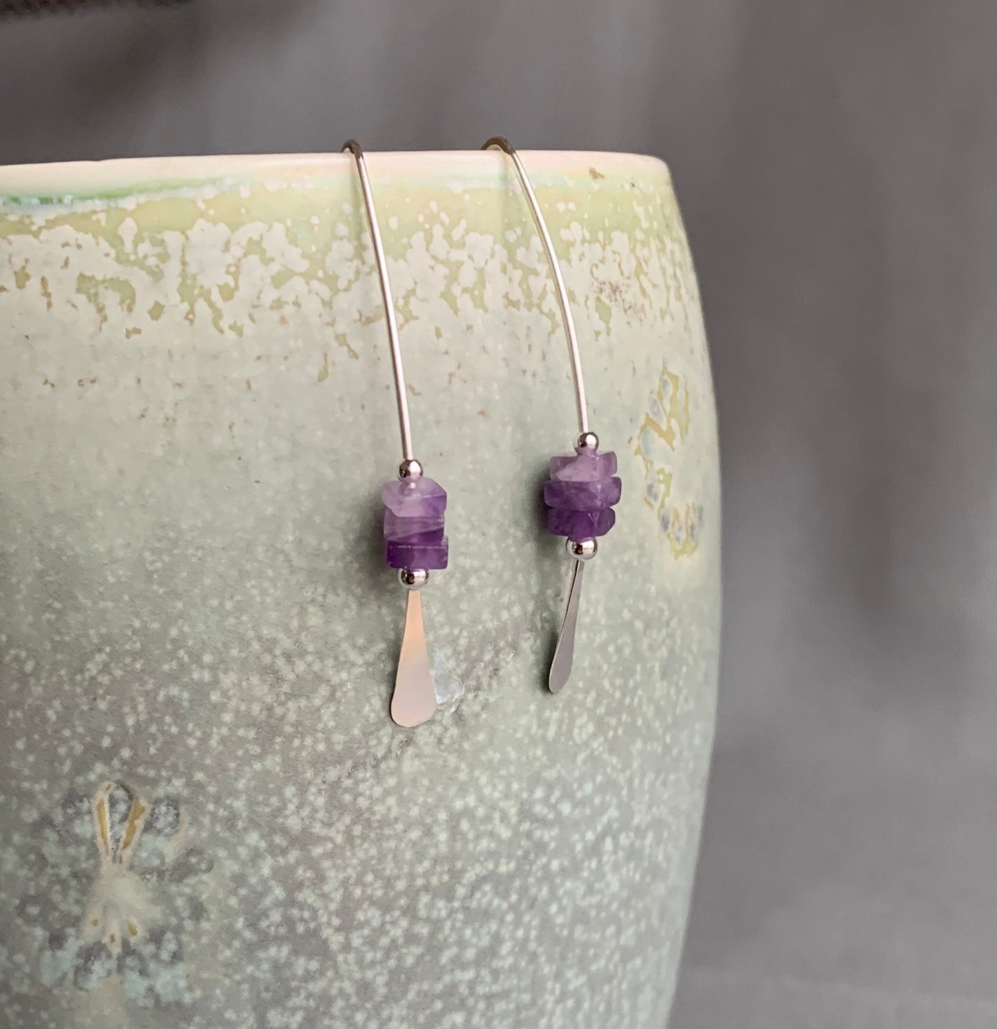 Silver Threader Earrings, Sterling Wishbone Earrings, Amethyst Earrings, Lavender Stone, Thin Open Hoops, Unique Handmade Jewelry