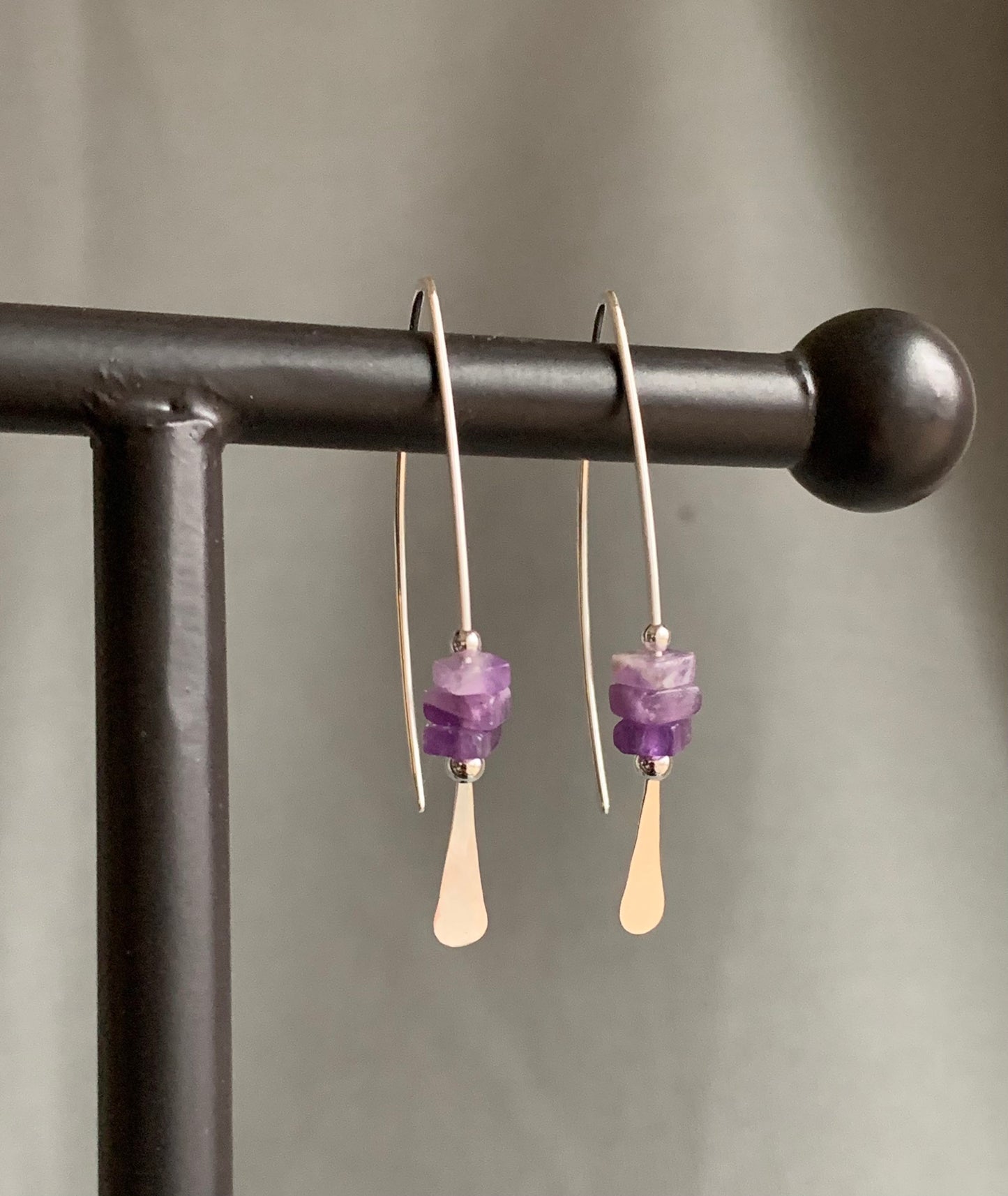 Silver Threader Earrings, Sterling Wishbone Earrings, Amethyst Earrings, Lavender Stone, Thin Open Hoops, Unique Handmade Jewelry