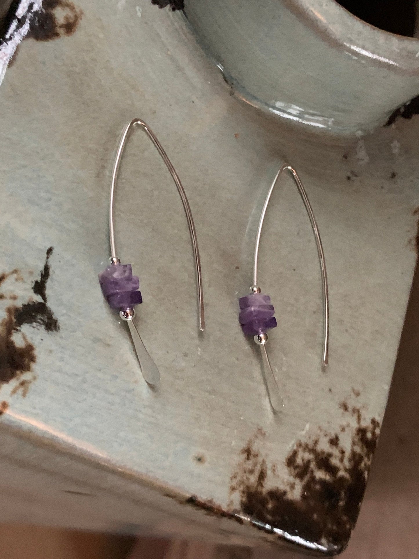 Silver Threader Earrings, Sterling Wishbone Earrings, Amethyst Earrings, Lavender Stone, Thin Open Hoops, Unique Handmade Jewelry