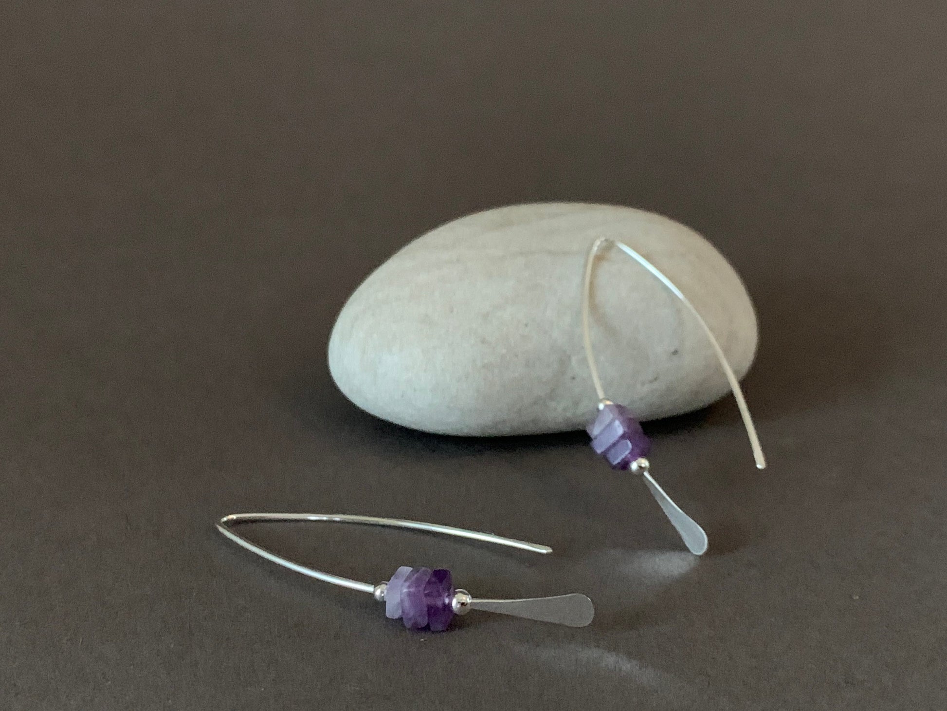 Silver Threader Earrings, Sterling Wishbone Earrings, Amethyst Earrings, Lavender Stone, Thin Open Hoops, Unique Handmade Jewelry