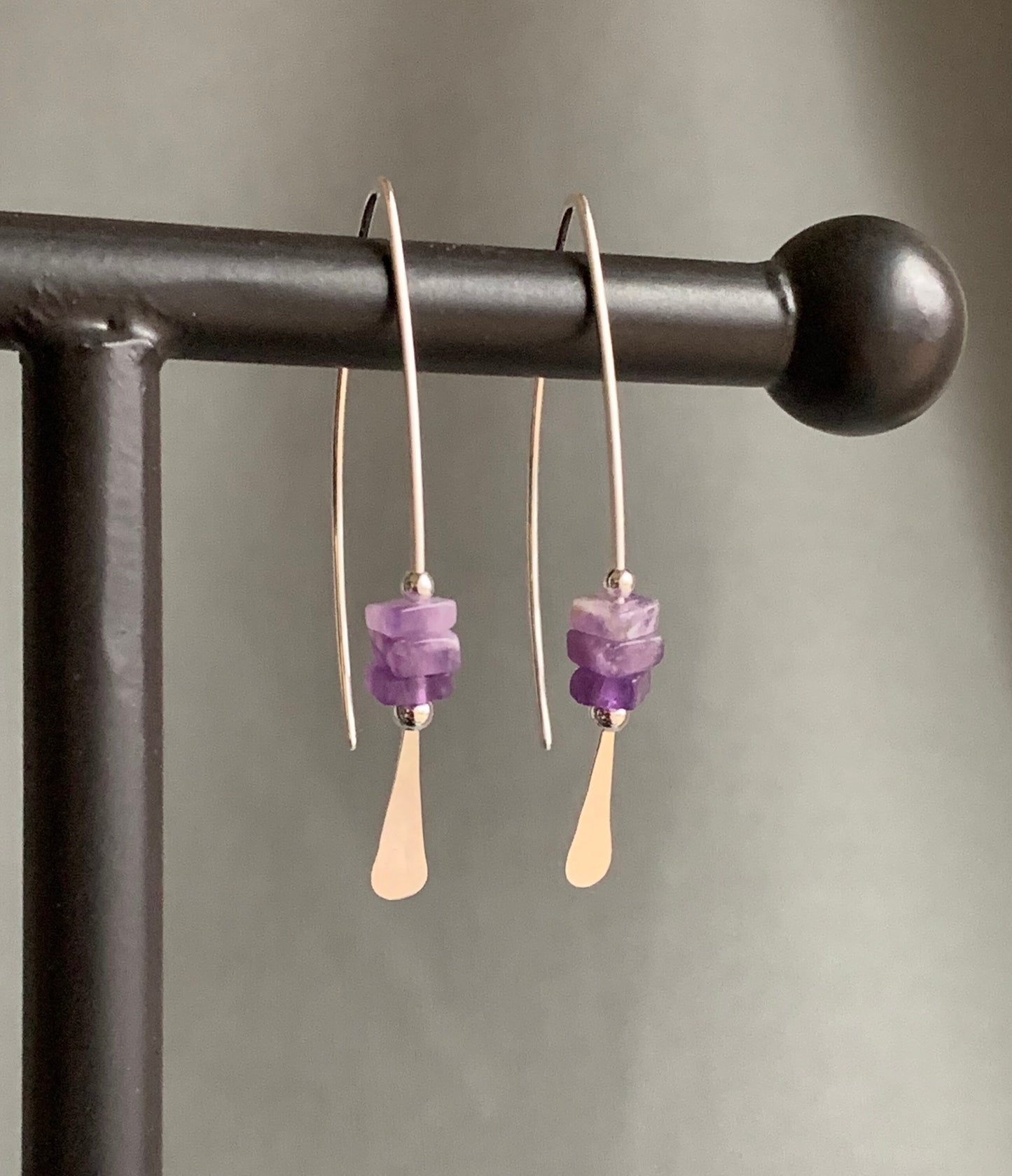 Silver Threader Earrings, Sterling Wishbone Earrings, Amethyst Earrings, Lavender Stone, Thin Open Hoops, Unique Handmade Jewelry