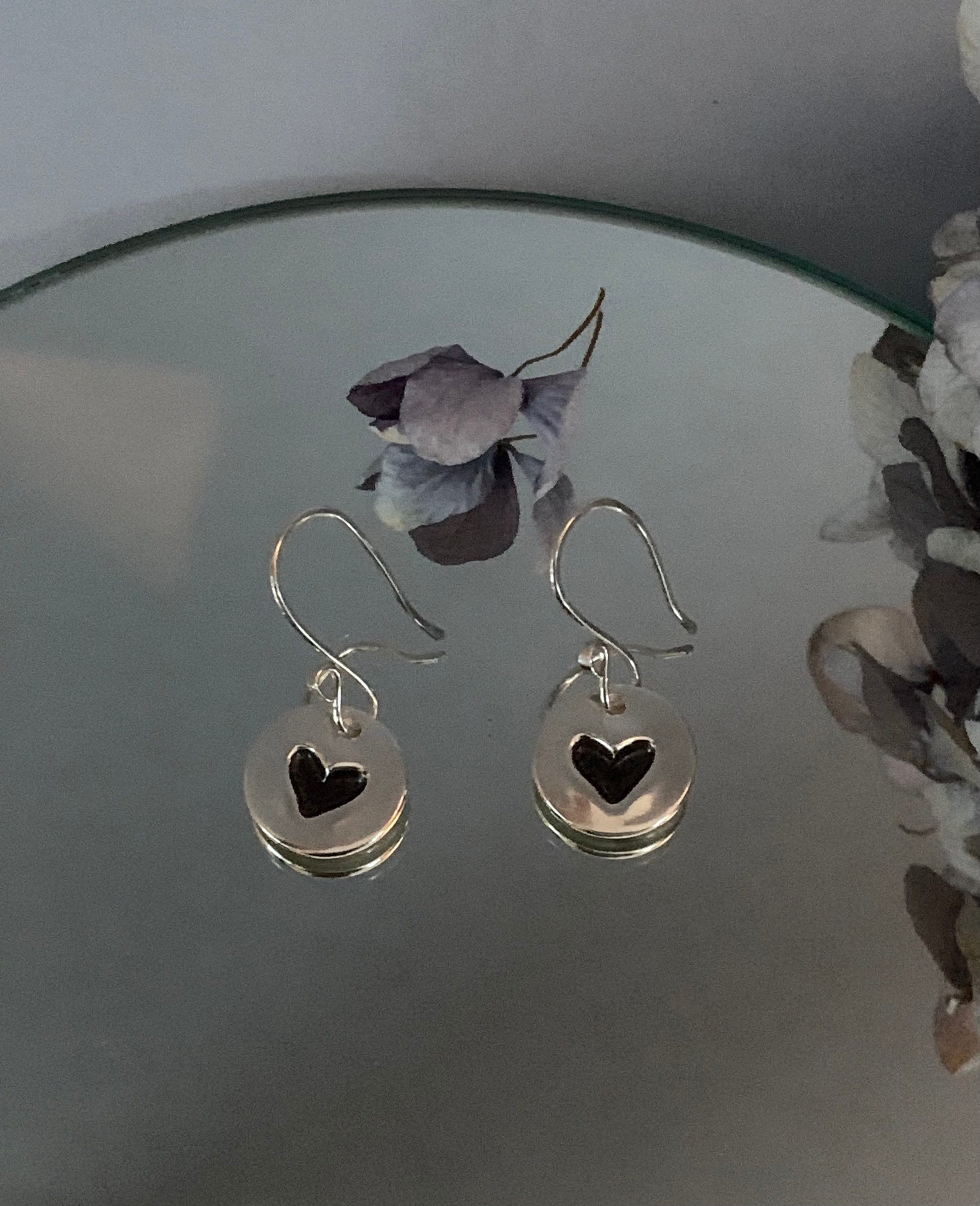 Small Heart Earrings, Silver Heart Dangle Earrings, Round Sterling Silver Earrings, Heart Charm, Hand Forged Metal Jewelry