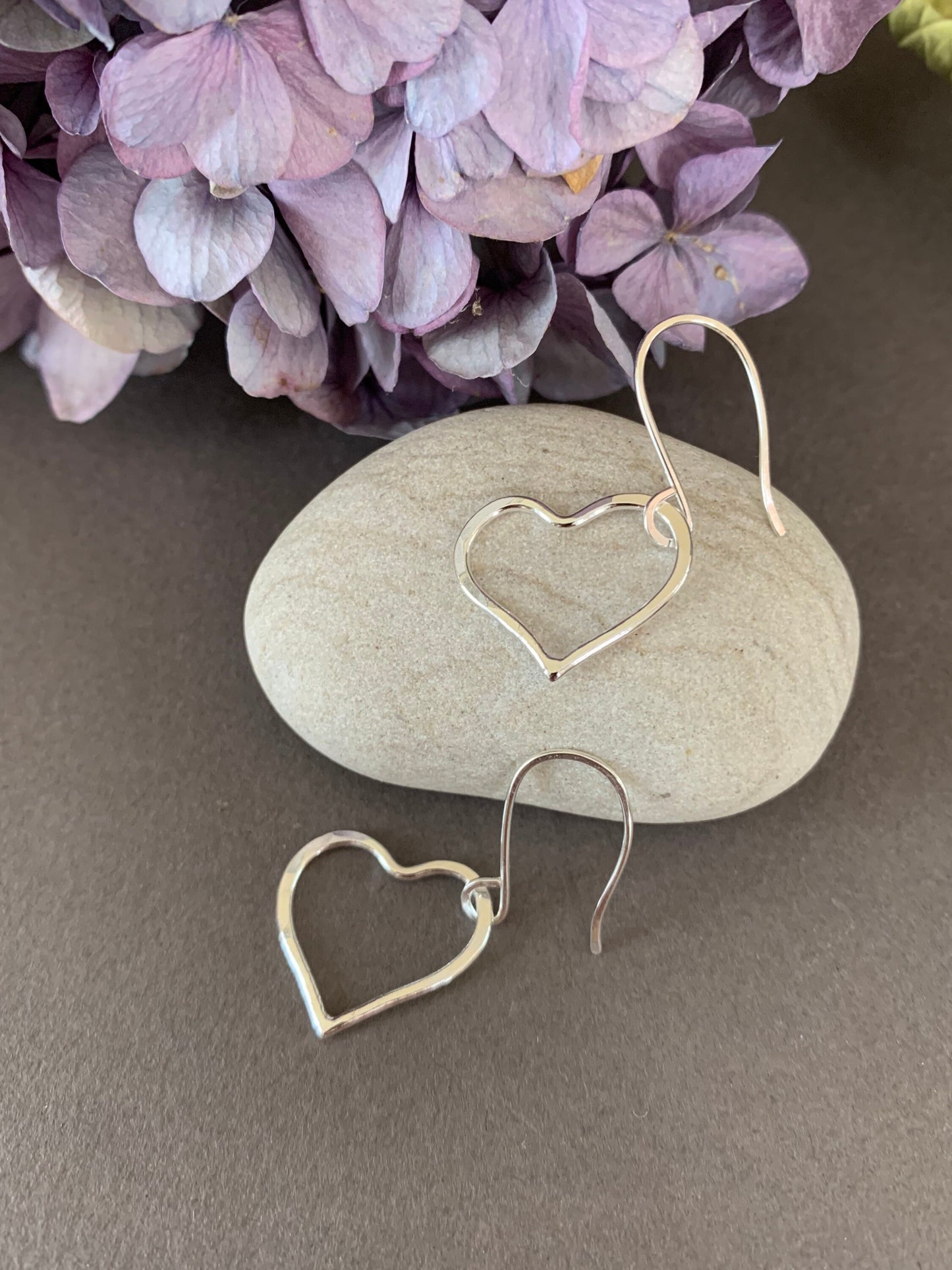 Silver Heart Hoop Earrings, Sweetheart Gift, Love Earrings, Hammered Hoops, Dangle Heart Earrings, Handmade Jewelry