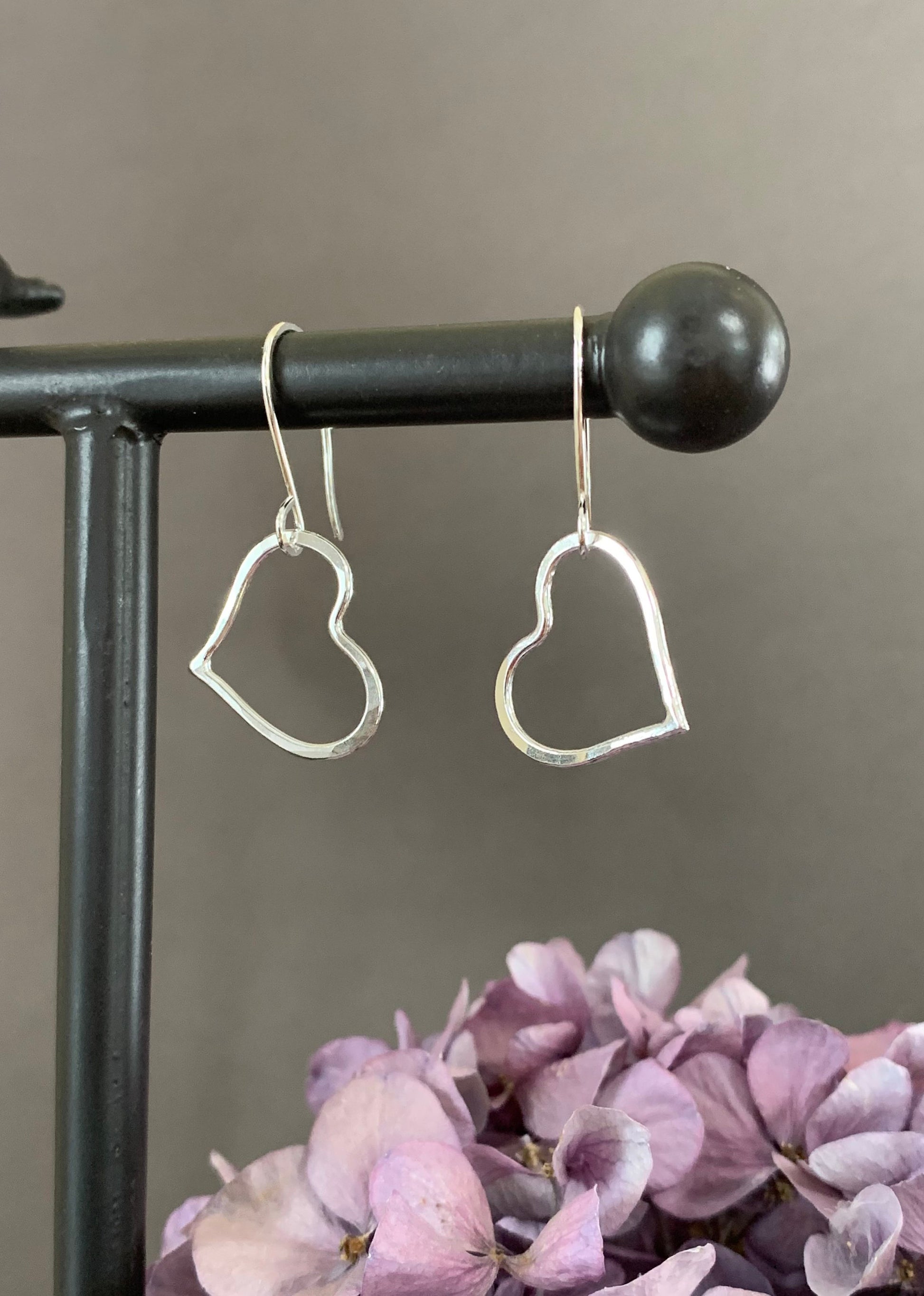 Silver Heart Hoop Earrings, Sweetheart Gift, Love Earrings, Hammered Hoops, Dangle Heart Earrings, Handmade Jewelry