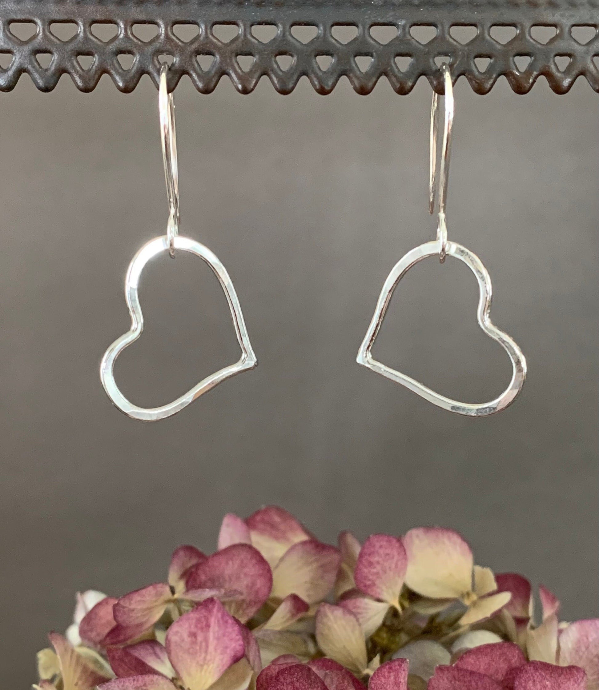 Silver Heart Hoop Earrings, Sweetheart Gift, Love Earrings, Hammered Hoops, Dangle Heart Earrings, Handmade Jewelry