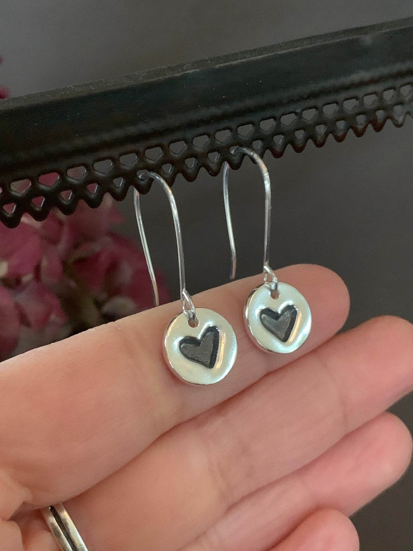 Small Heart Earrings, Silver Heart Dangle Earrings, Round Sterling Silver Earrings, Heart Charm, Hand Forged Metal Jewelry