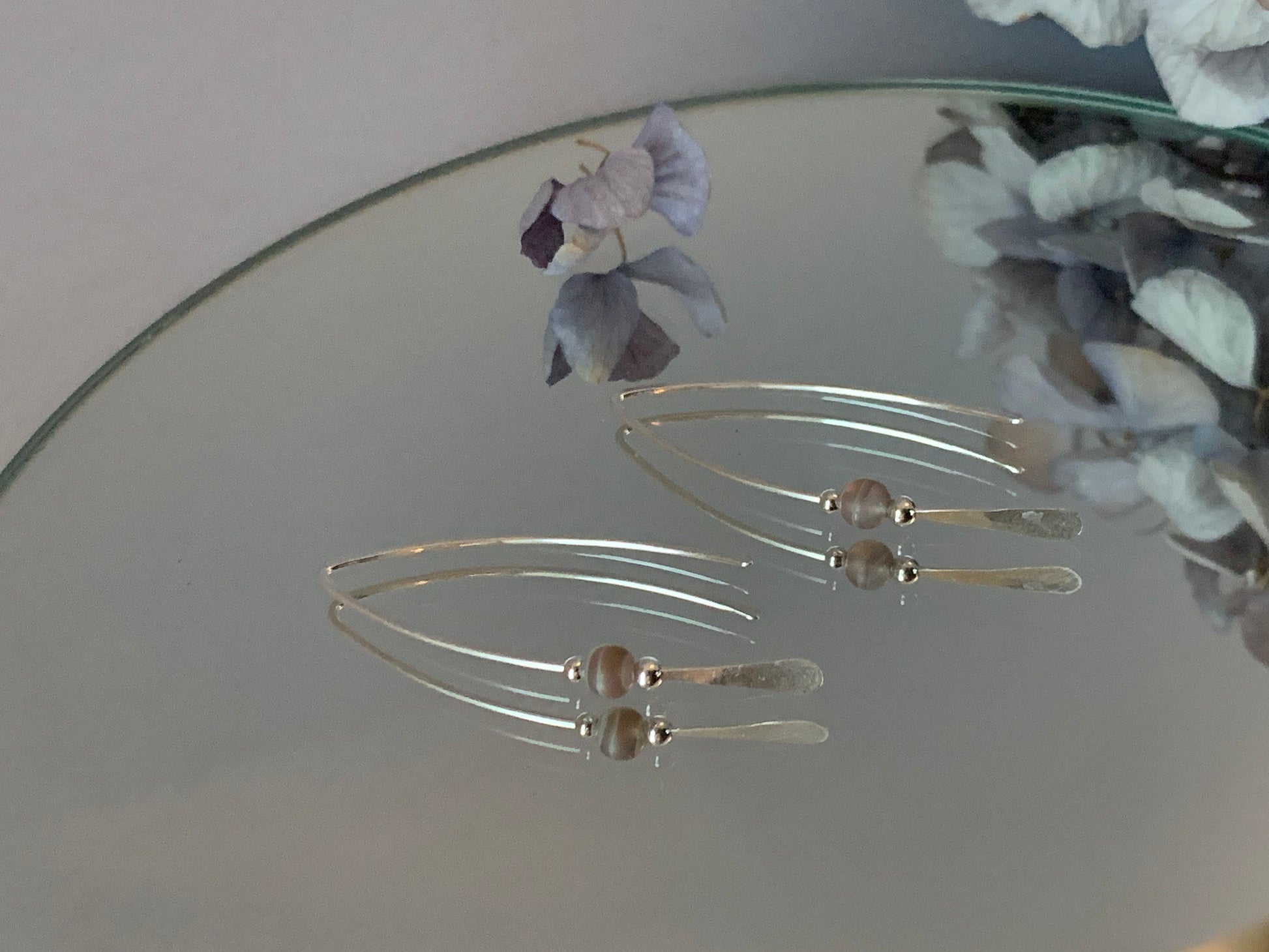 Lavender Stone Threader Earrings, Matte Purple Botswana Agate Bead, Sterling Wishbone Earrings, Thin Open Silver Hoops, Medium Hoop Earrings