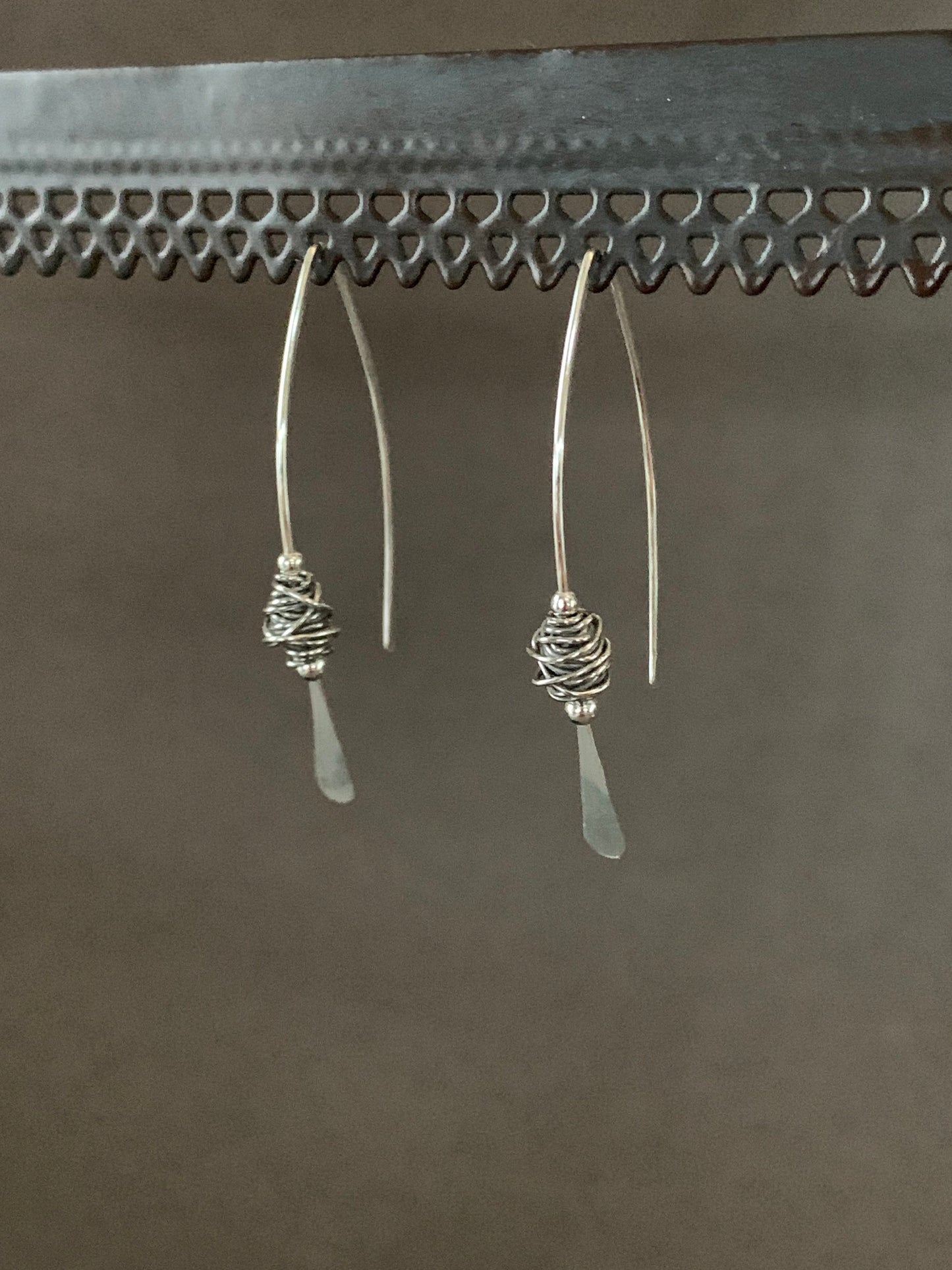 Silver Threader Earrings, Sterling Wishbone Earrings, Wire Wrapped, Thin Open Hoops, Medium Hammered Hoop Earrings