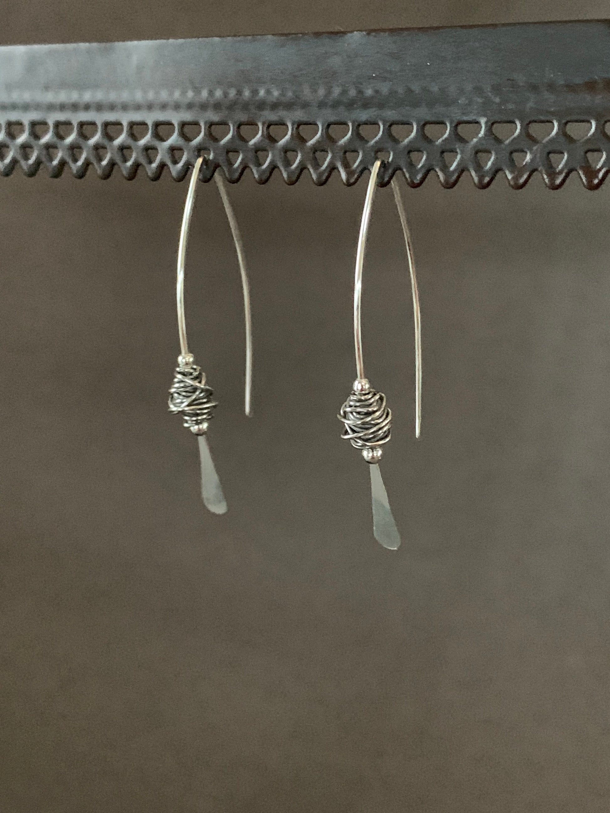 Silver Threader Earrings, Sterling Wishbone Earrings, Wire Wrapped, Thin Open Hoops, Medium Hammered Hoop Earrings