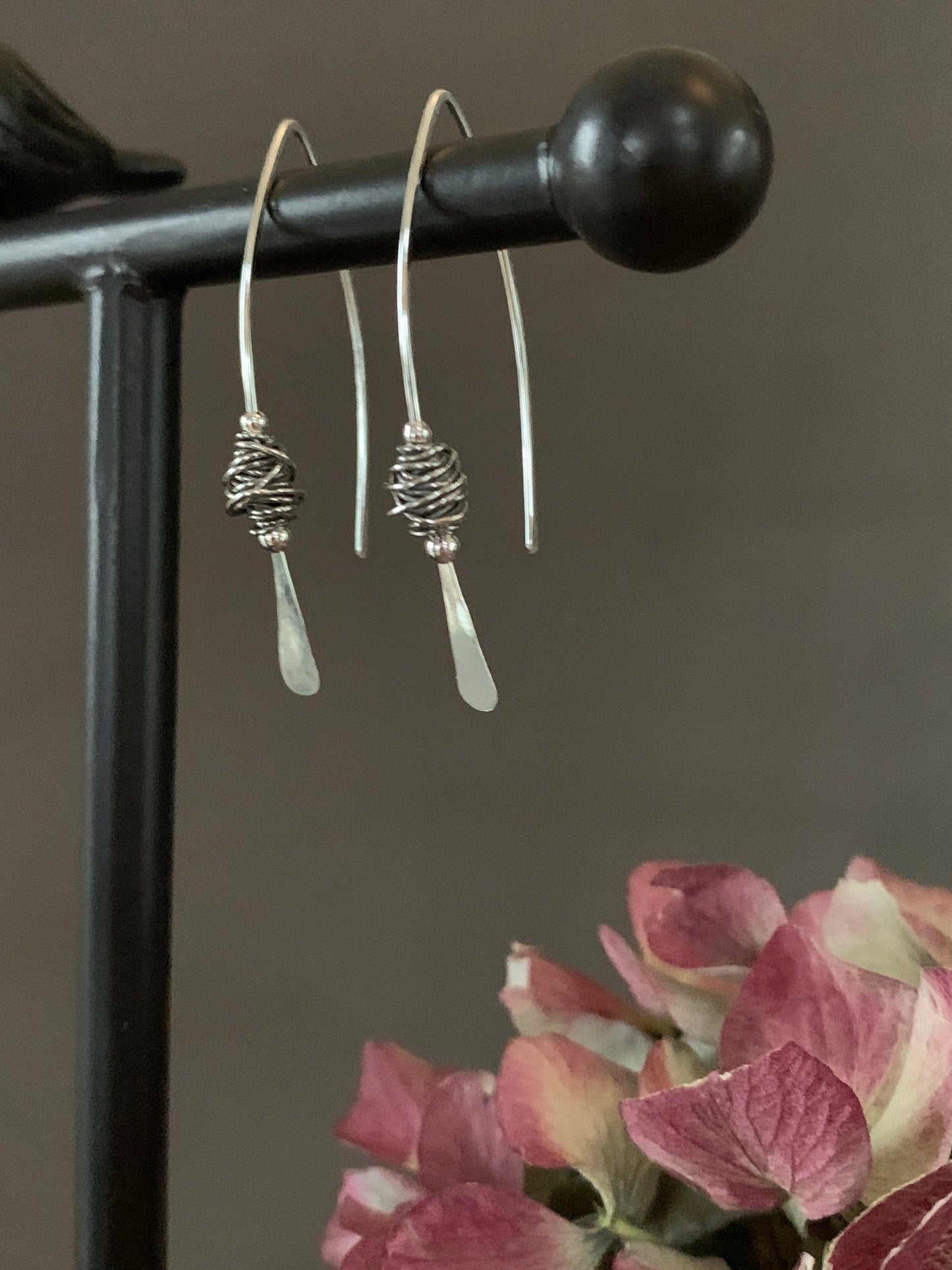 Silver Threader Earrings, Sterling Wishbone Earrings, Wire Wrapped, Thin Open Hoops, Medium Hammered Hoop Earrings