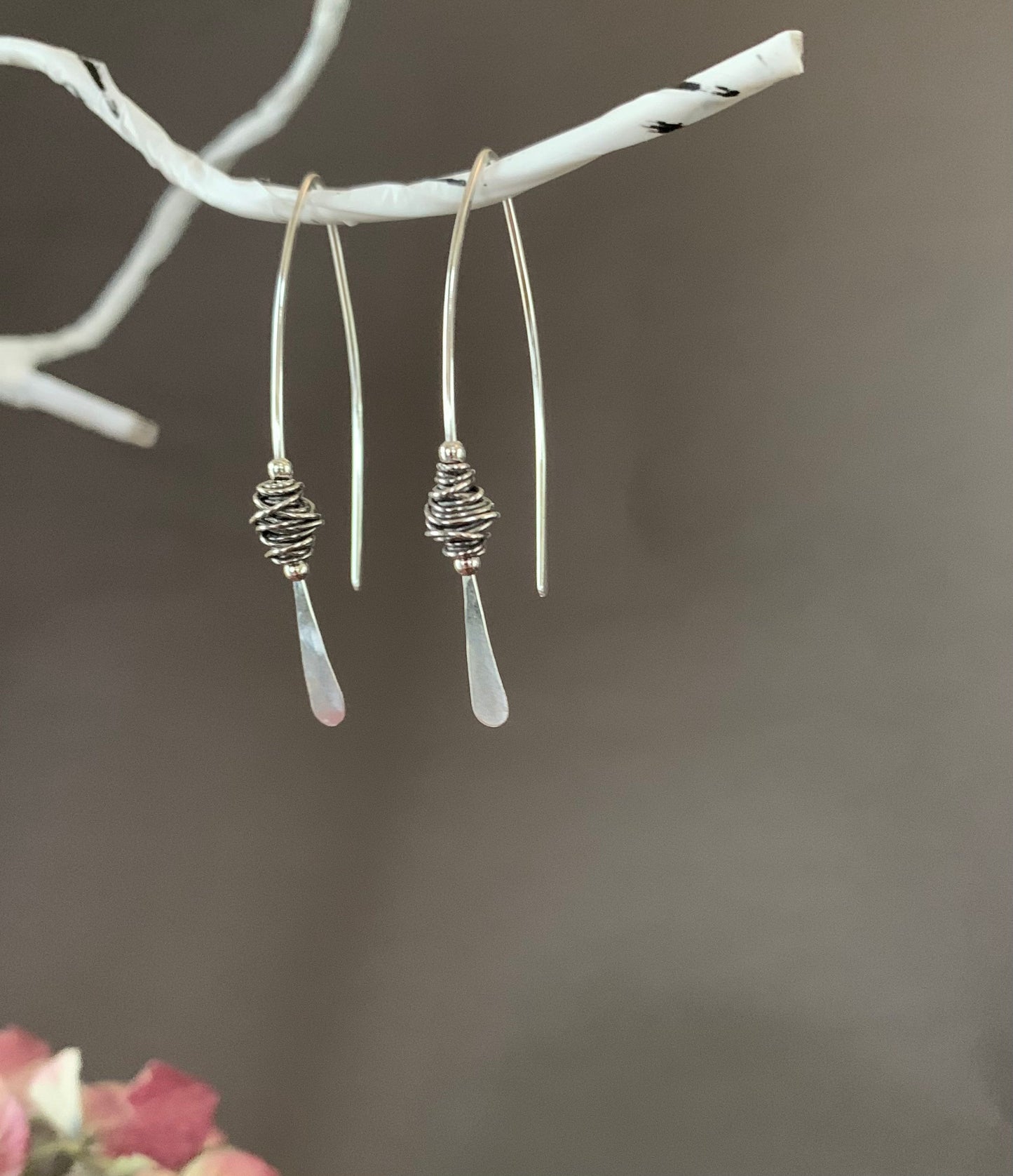 Silver Threader Earrings, Sterling Wishbone Earrings, Wire Wrapped, Thin Open Hoops, Medium Hammered Hoop Earrings