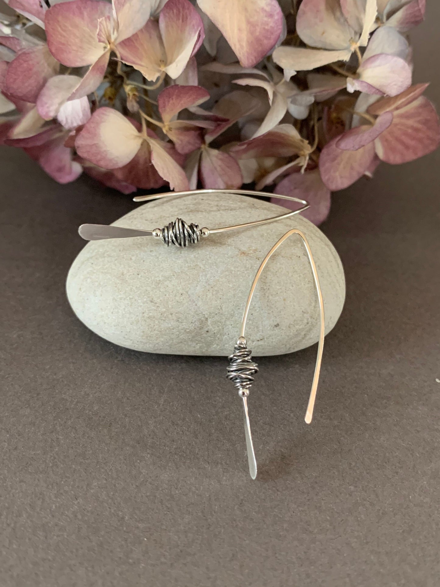 Silver Threader Earrings, Sterling Wishbone Earrings, Wire Wrapped, Thin Open Hoops, Medium Hammered Hoop Earrings