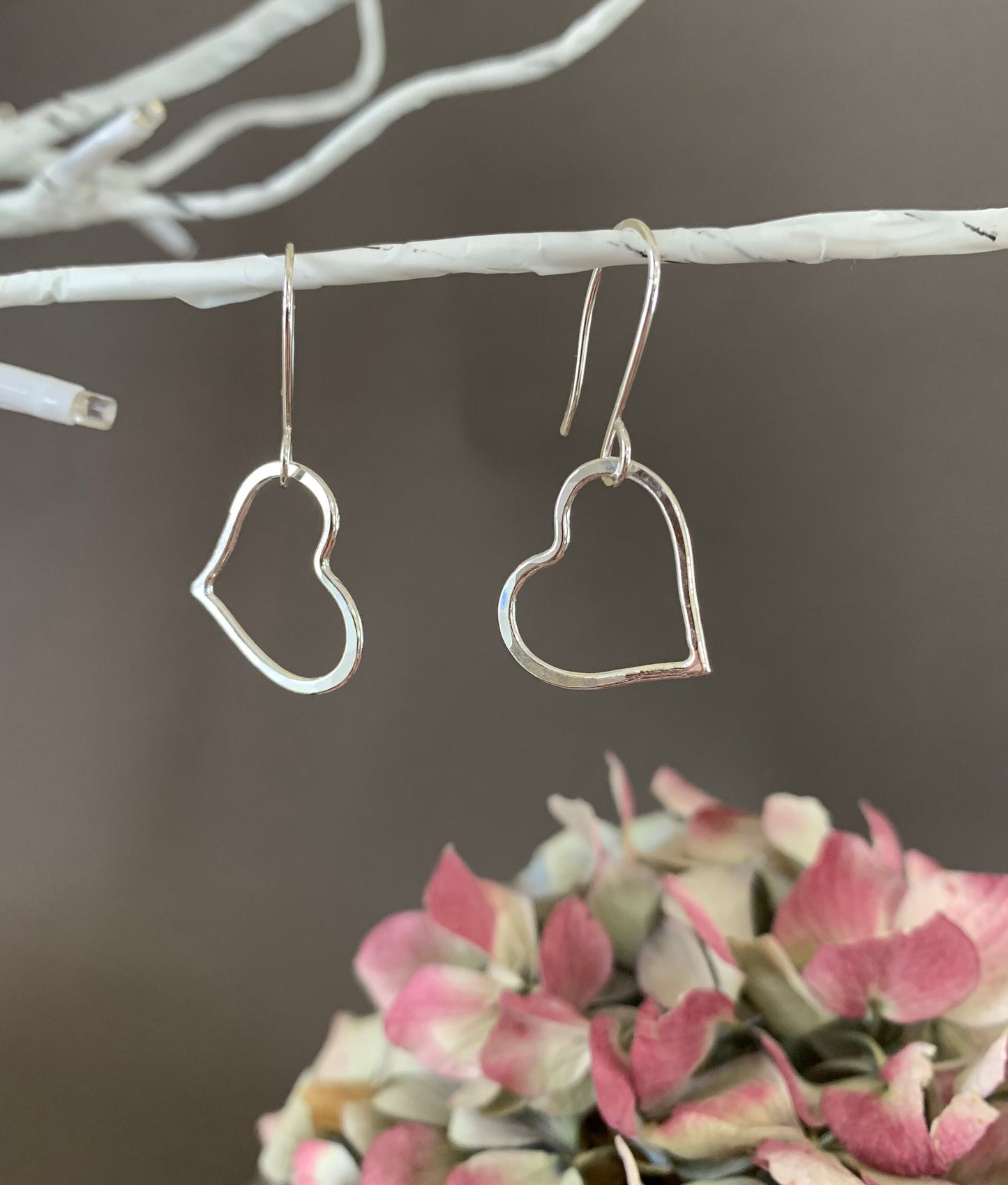 Silver Heart Hoop Earrings, Sweetheart Gift, Love Earrings, Hammered Hoops, Dangle Heart Earrings, Handmade Jewelry