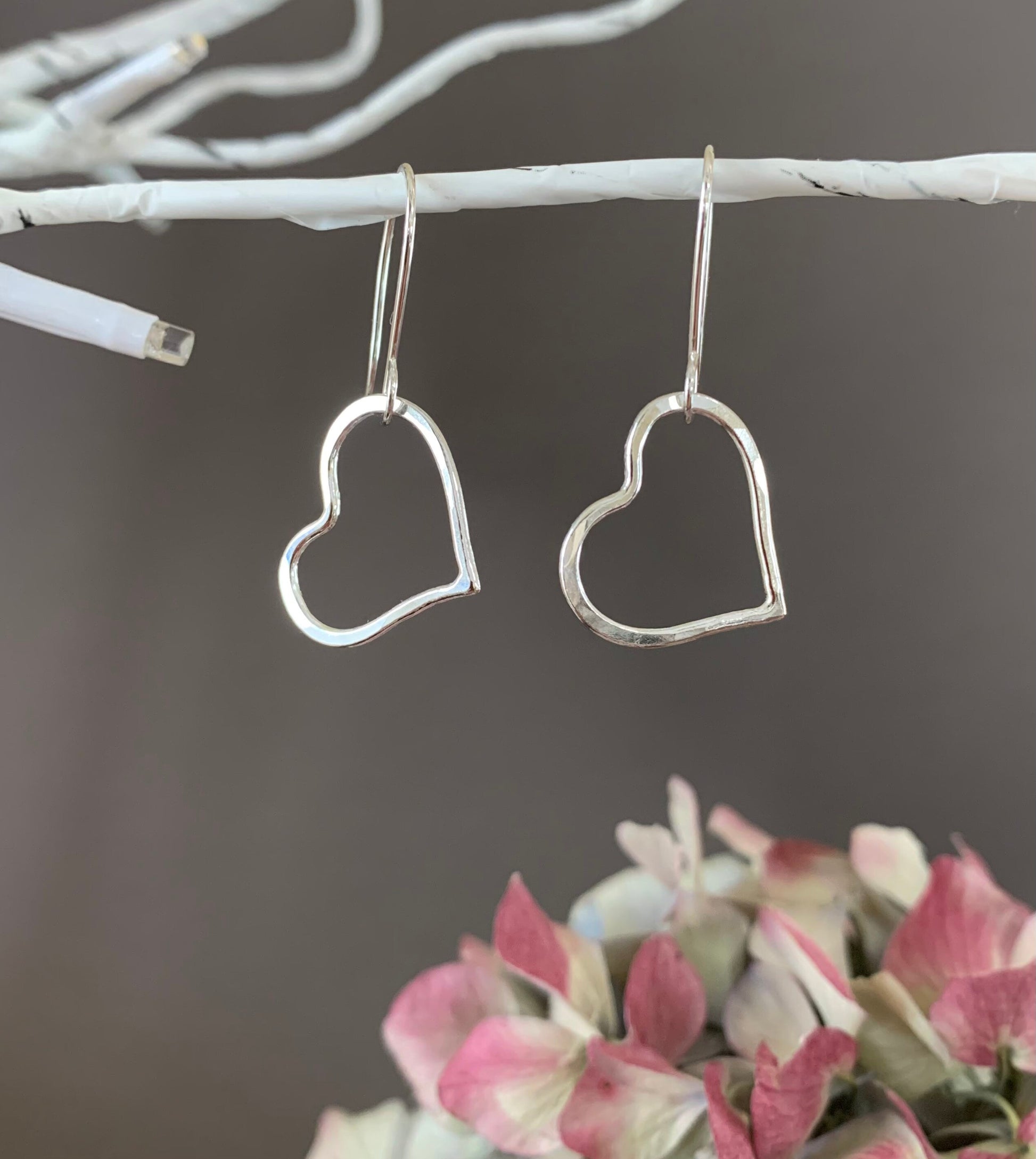 Silver Heart Hoop Earrings, Sweetheart Gift, Love Earrings, Hammered Hoops, Dangle Heart Earrings, Handmade Jewelry