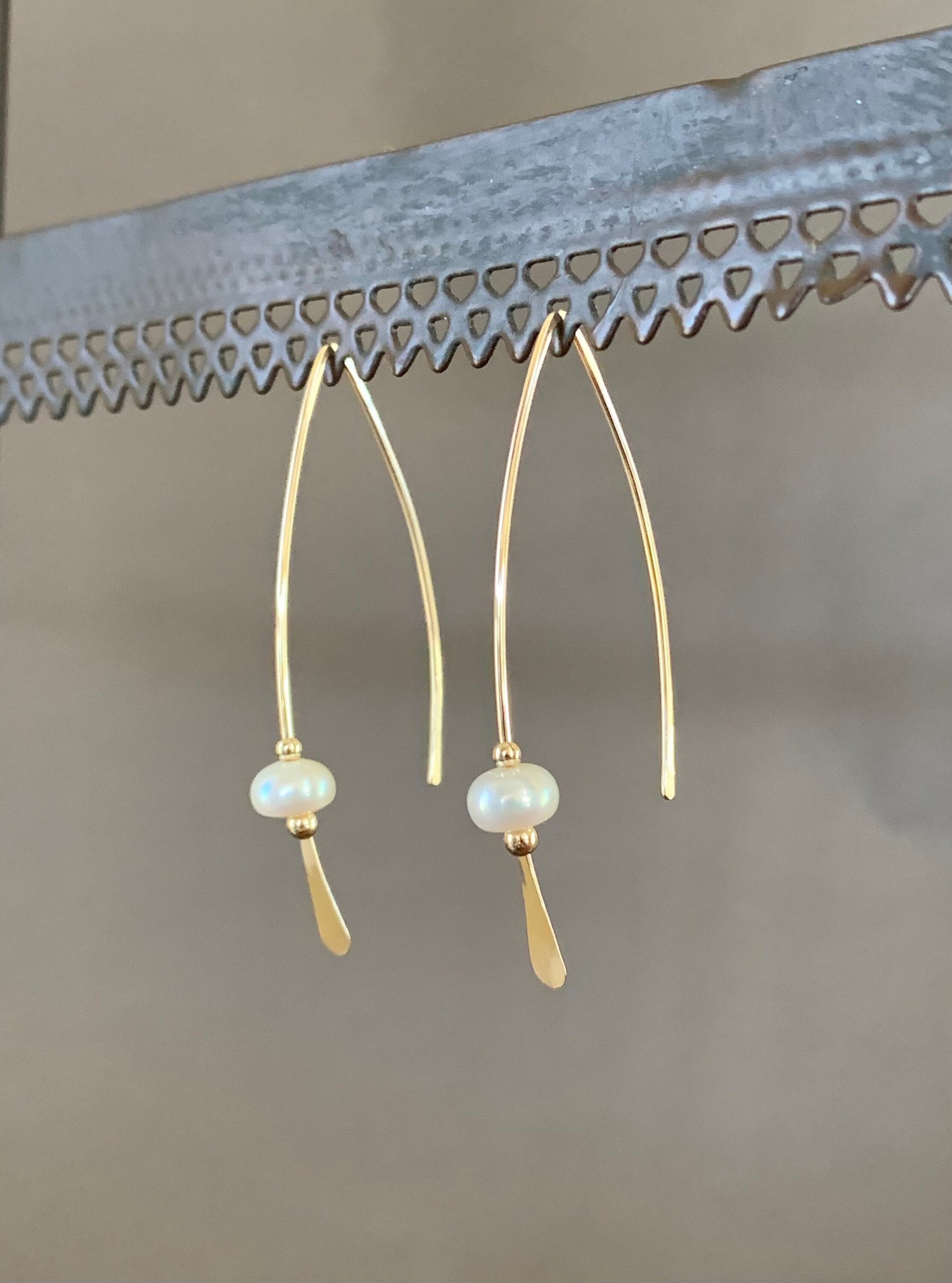 Gold Pearl Threader Earrings, Pearl and Gold Wishbone Earrings, Thin Open Hoops, Delicate Hoops with Freshwater Pearls