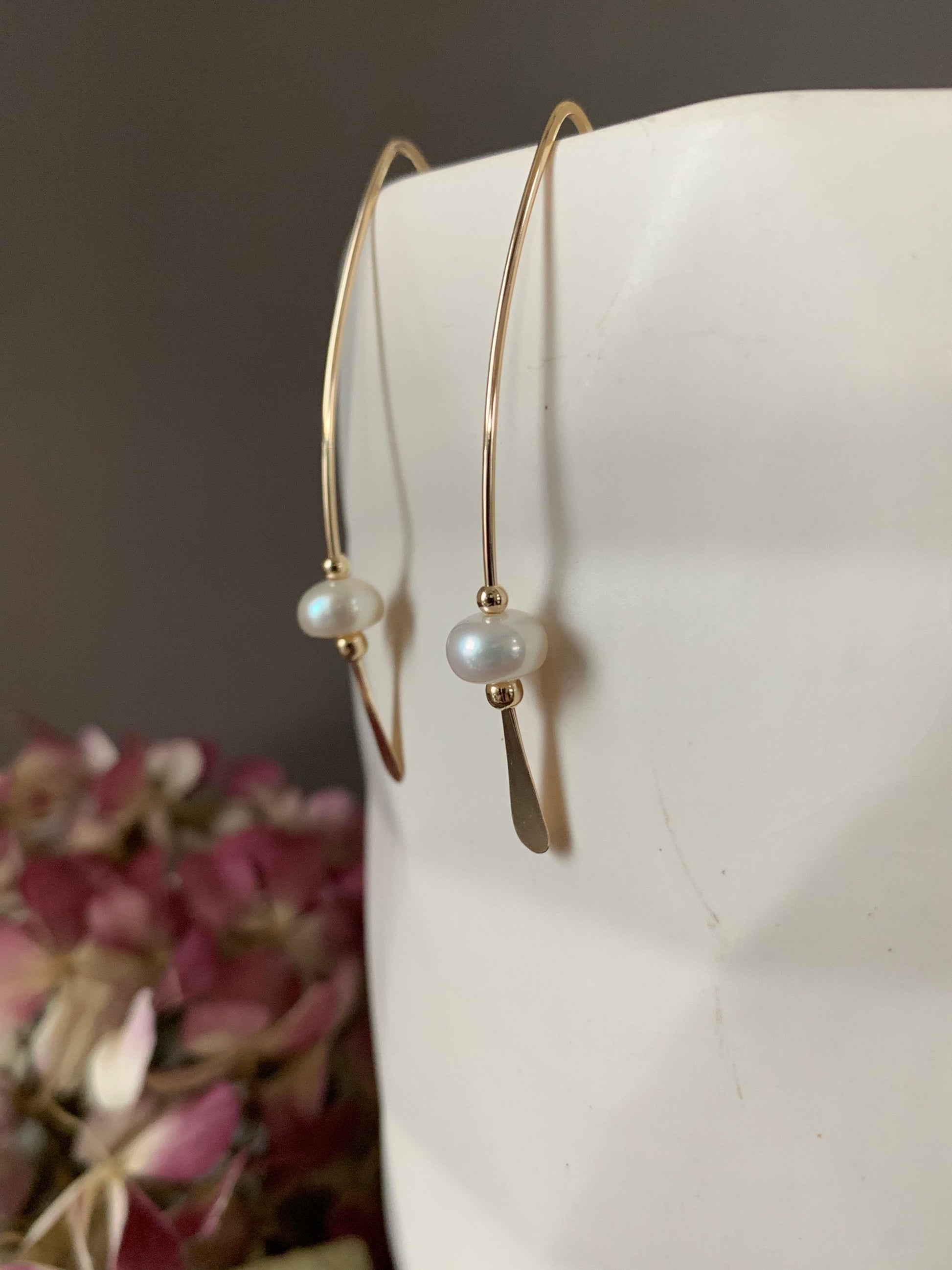 Gold Pearl Threader Earrings, Pearl and Gold Wishbone Earrings, Thin Open Hoops, Delicate Hoops with Freshwater Pearls