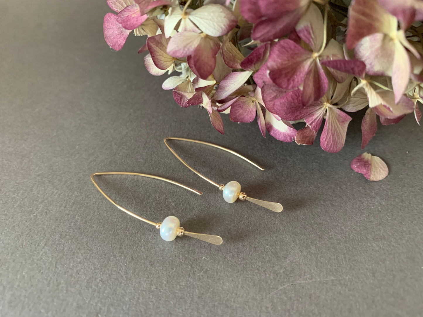 Gold Pearl Threader Earrings, Pearl and Gold Wishbone Earrings, Thin Open Hoops, Delicate Hoops with Freshwater Pearls