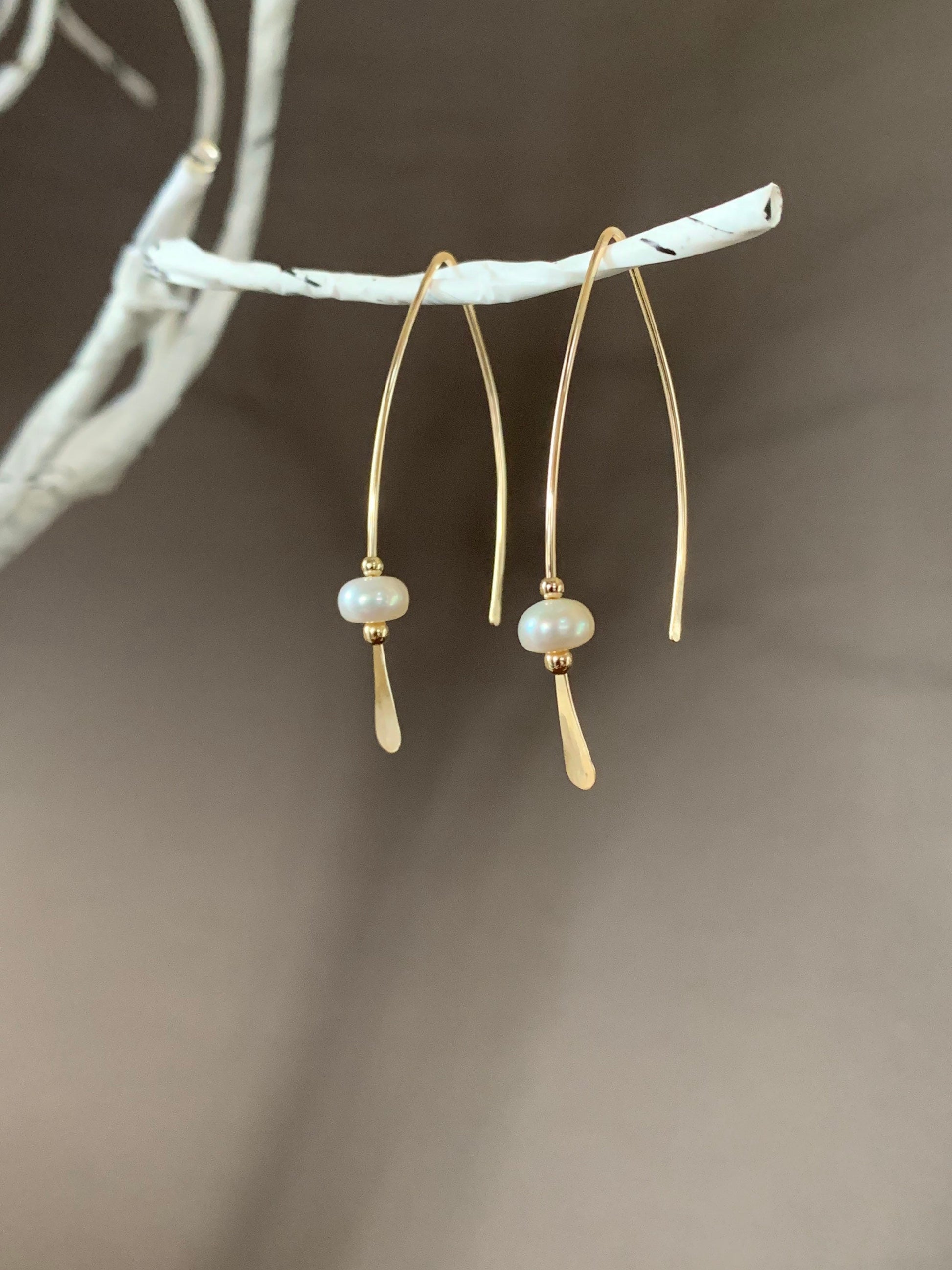 Gold Pearl Threader Earrings, Pearl and Gold Wishbone Earrings, Thin Open Hoops, Delicate Hoops with Freshwater Pearls