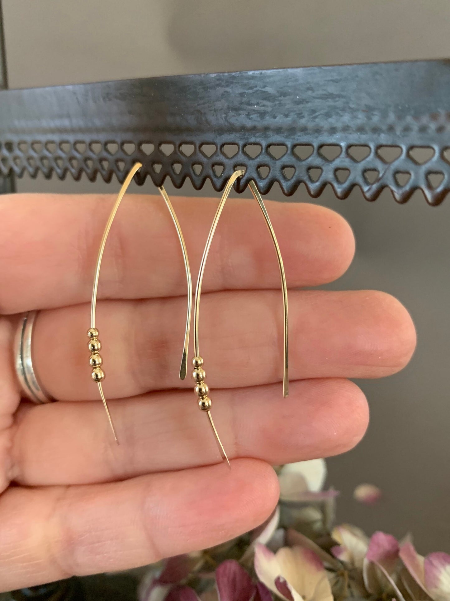 Gold Threader Earrings, Sterling Wishbone Earrings, Thin Open Hoops, Medium Hammered Hoop Earrings