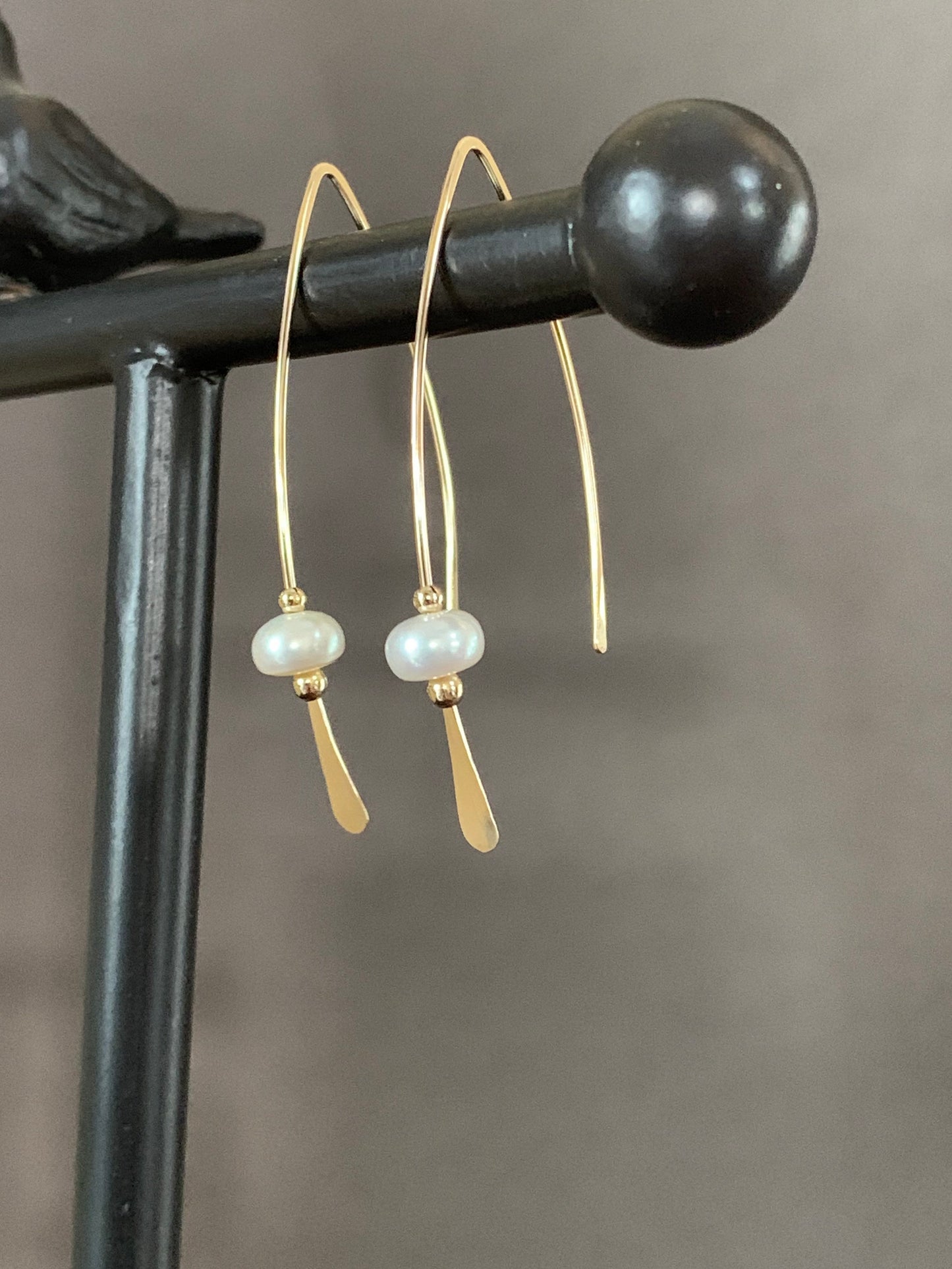 Gold Pearl Threader Earrings, Pearl and Gold Wishbone Earrings, Thin Open Hoops, Delicate Hoops with Freshwater Pearls