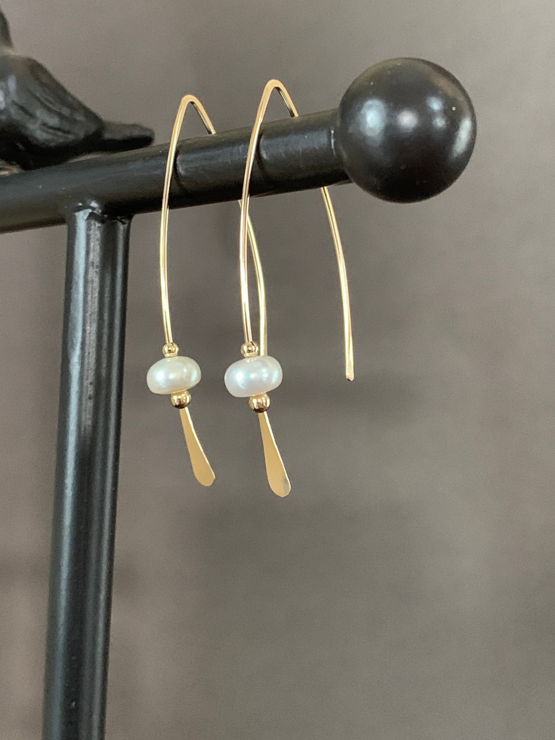 Gold Pearl Threader Earrings, Pearl and Gold Wishbone Earrings, Thin Open Hoops, Delicate Hoops with Freshwater Pearls