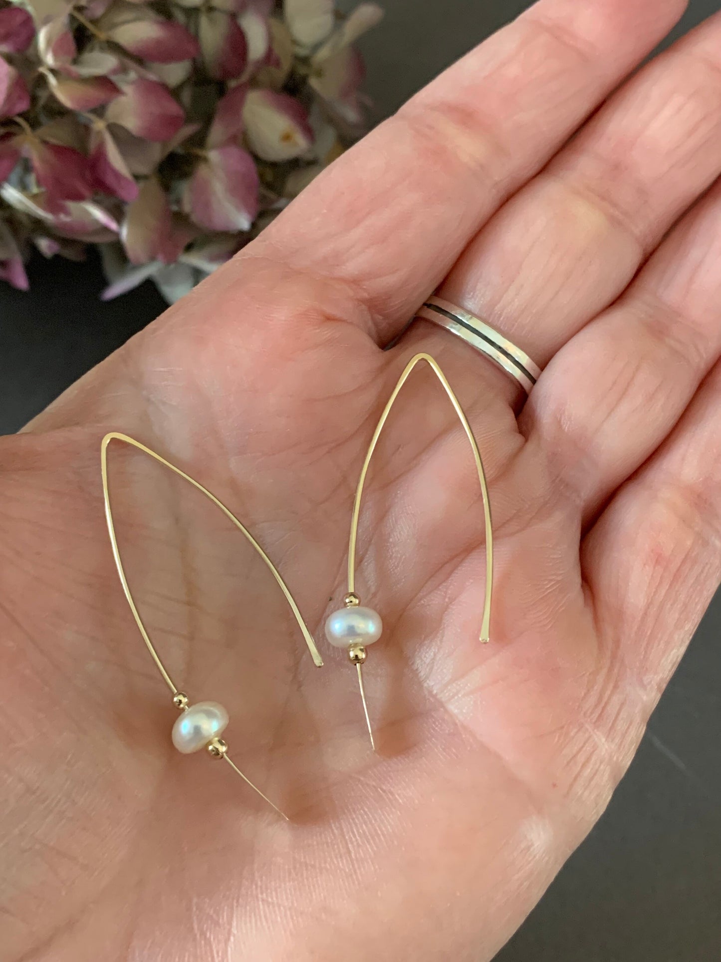 Gold Pearl Threader Earrings, Pearl and Gold Wishbone Earrings, Thin Open Hoops, Delicate Hoops with Freshwater Pearls