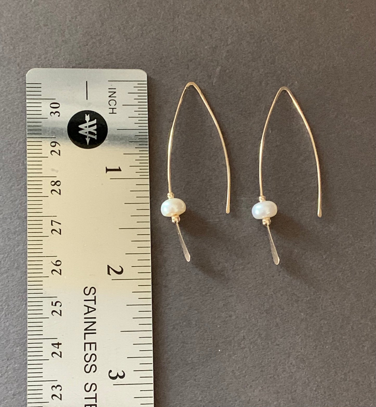 Gold Pearl Threader Earrings, Pearl and Gold Wishbone Earrings, Thin Open Hoops, Delicate Hoops with Freshwater Pearls