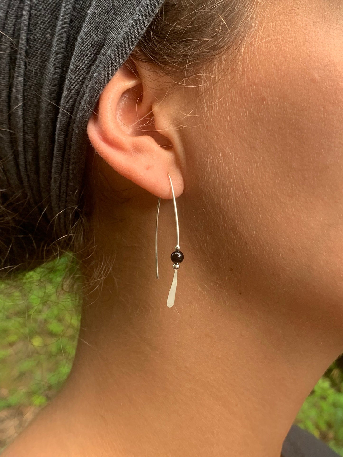 Threader Earrings, Sterling Wishbone Earrings, Black Glass Bead, Thin Open Hoops, Medium Hammered Hoop Earrings