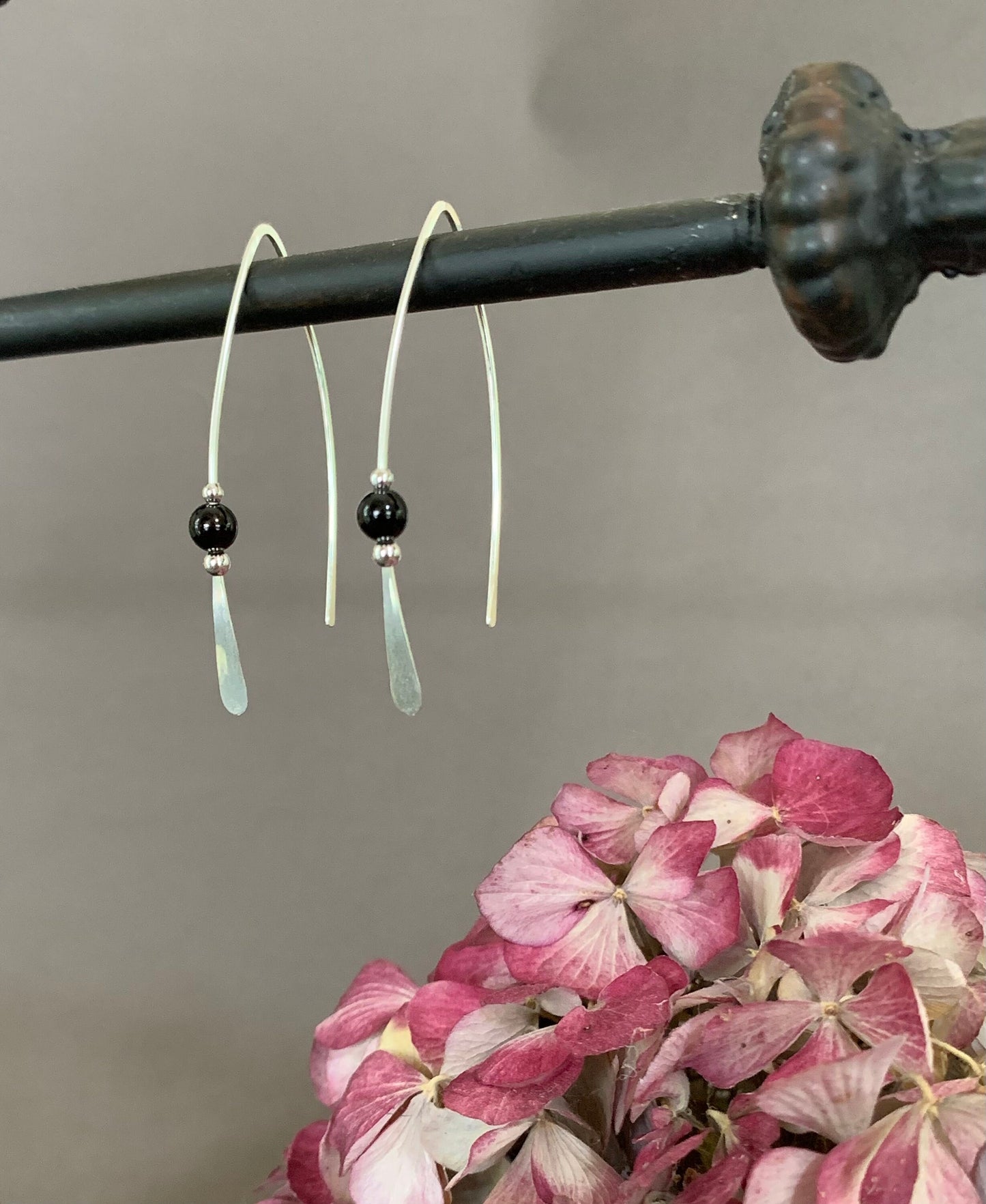 Threader Earrings, Sterling Wishbone Earrings, Black Glass Bead, Thin Open Hoops, Medium Hammered Hoop Earrings