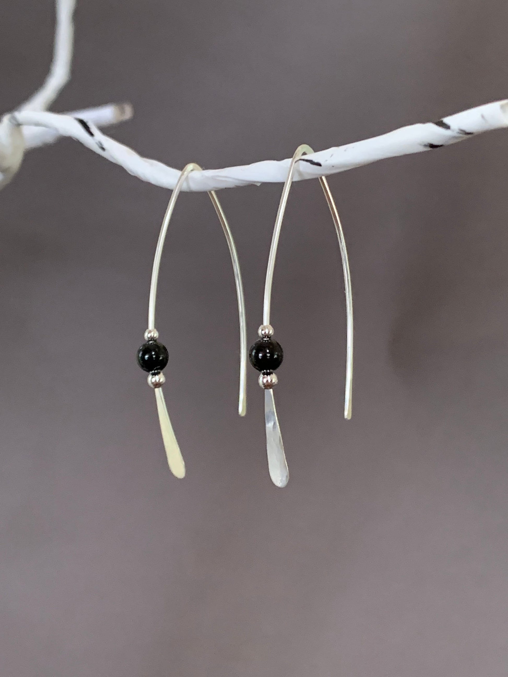 Threader Earrings, Sterling Wishbone Earrings, Black Glass Bead, Thin Open Hoops, Medium Hammered Hoop Earrings