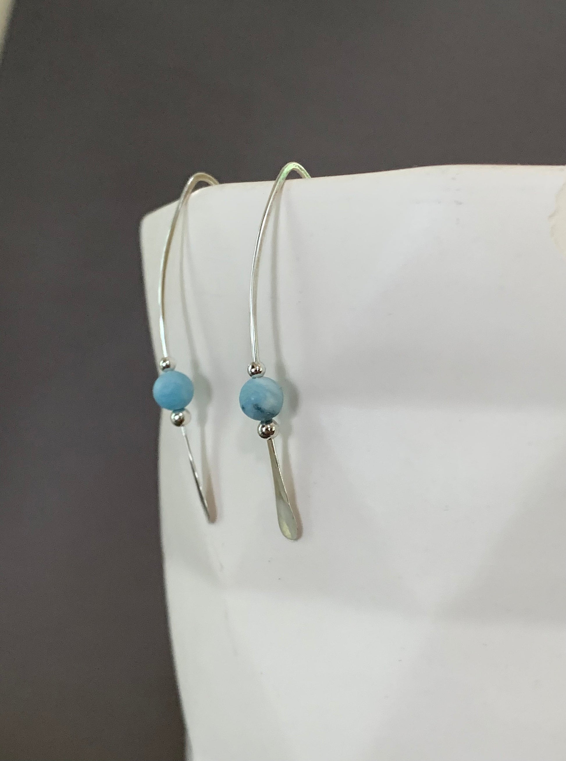 Larimar Stone Earrings, Silver Threader Earrings, Sterling Wishbone Earrings, Light Blue Bead, Thin Open Hoops, Hammered Hoop Earrings