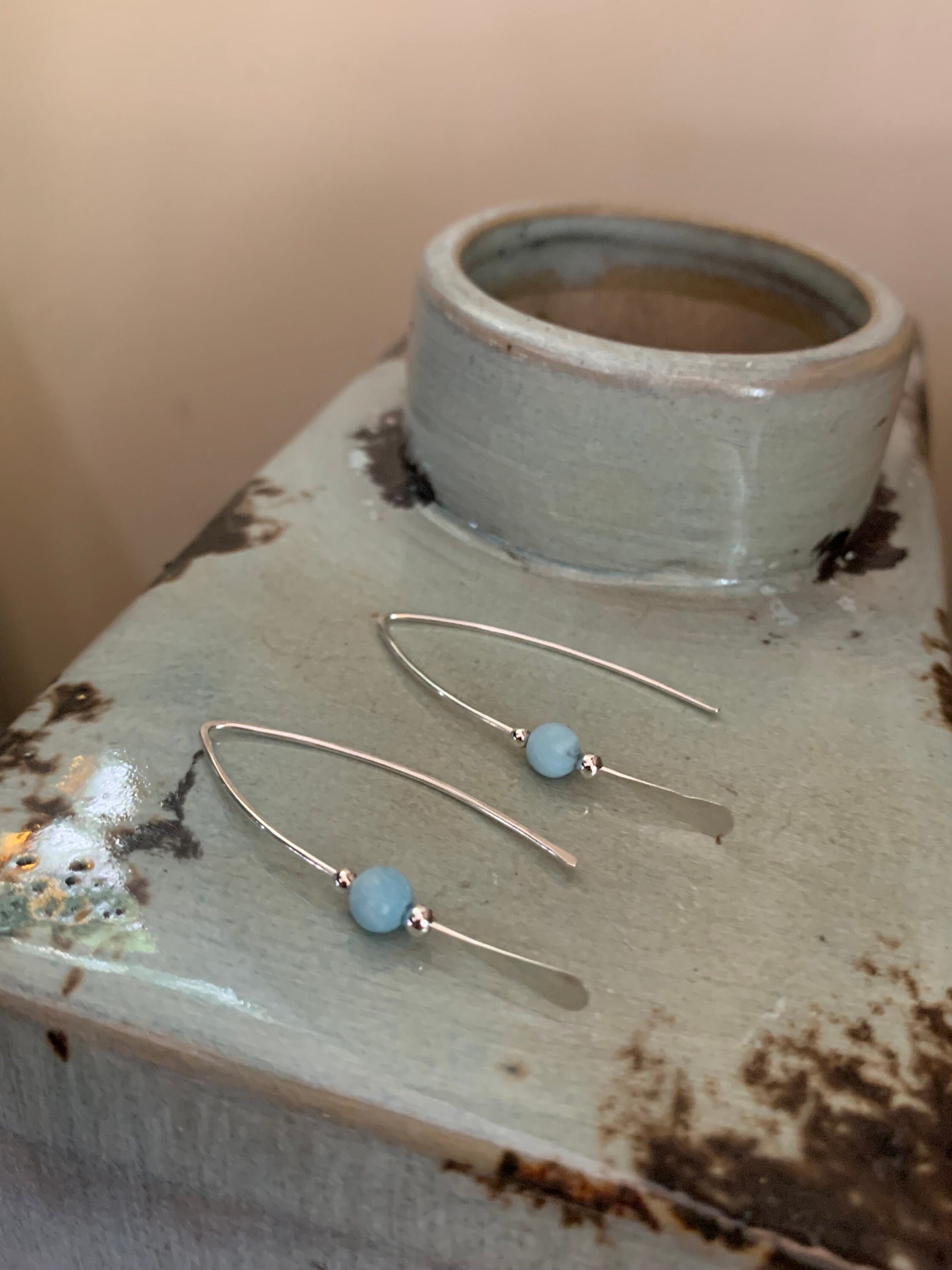 Larimar Stone Earrings, Silver Threader Earrings, Sterling Wishbone Earrings, Light Blue Bead, Thin Open Hoops, Hammered Hoop Earrings